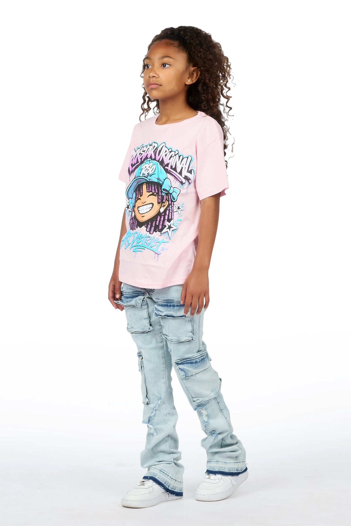 Girls Aze Pink/Light Wash T-Shirt Stacked Jean Set