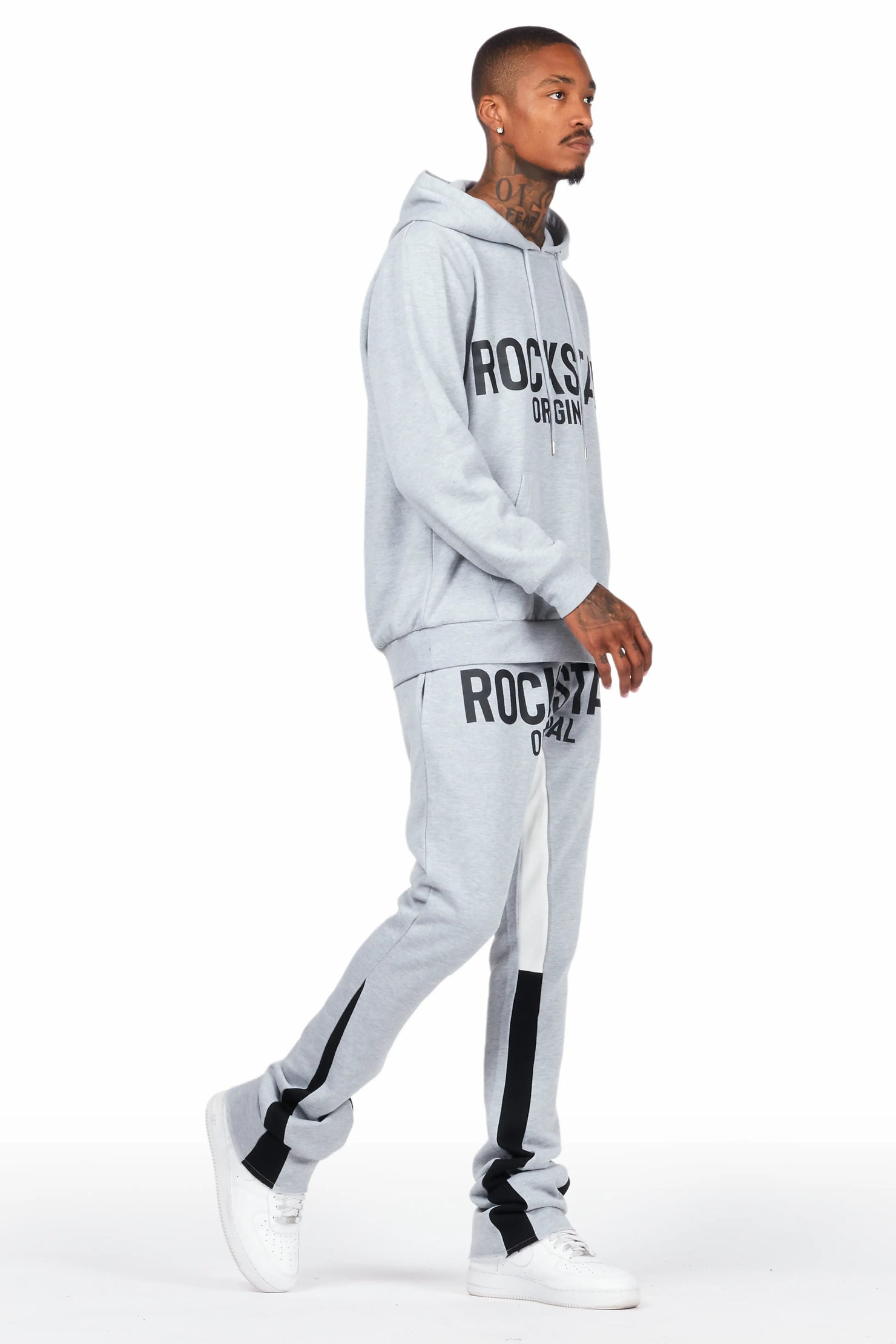 Lister Heather Grey/Black Graphic Hoodie/Stacked Flare Pant Track Set