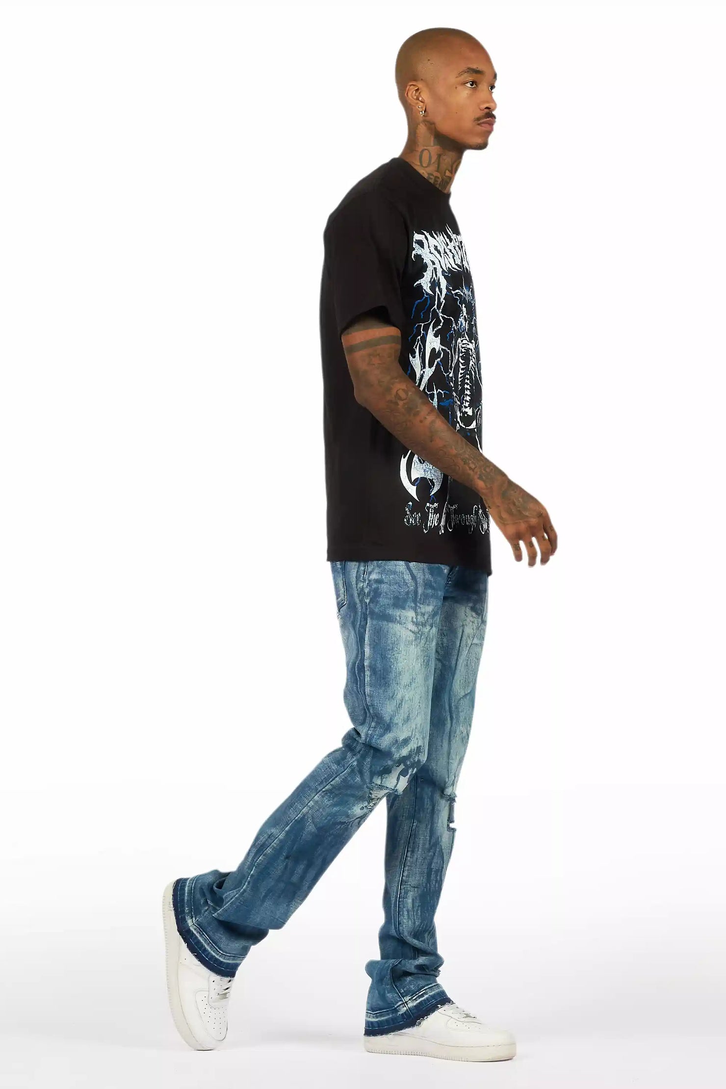 Inkspill Blue Oil Wash Stacked Flare Jean