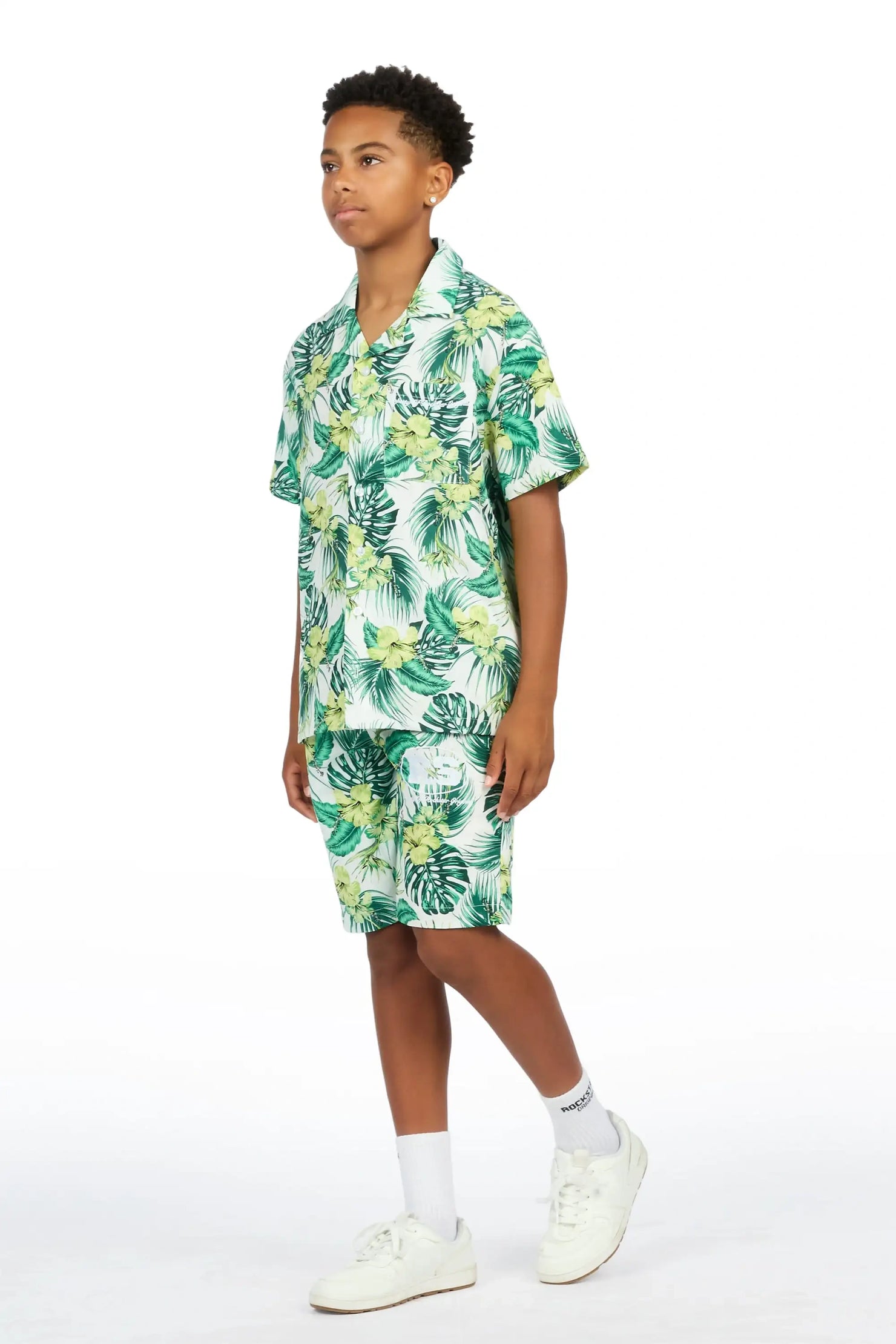 Boys Puka Cream/Green Button Down Shirt/Short Set