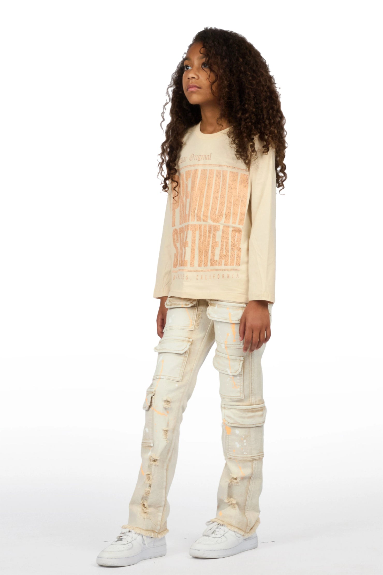 Girls Pluty Beige Long Sleeve T-Shirt Stacked Painter Jean Set