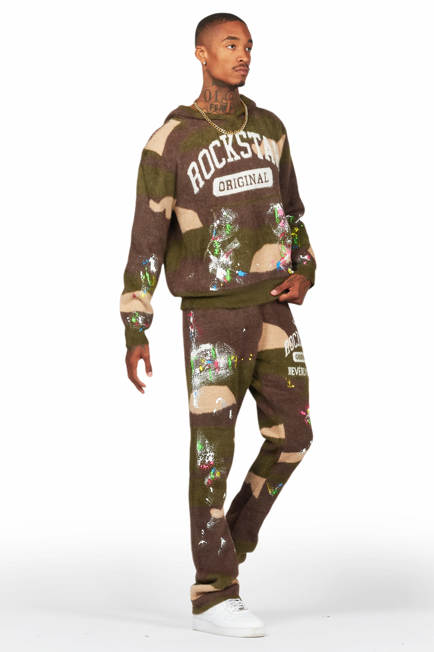 Rasul Green Camo Stacked Flare Knitted Mohair Track Set