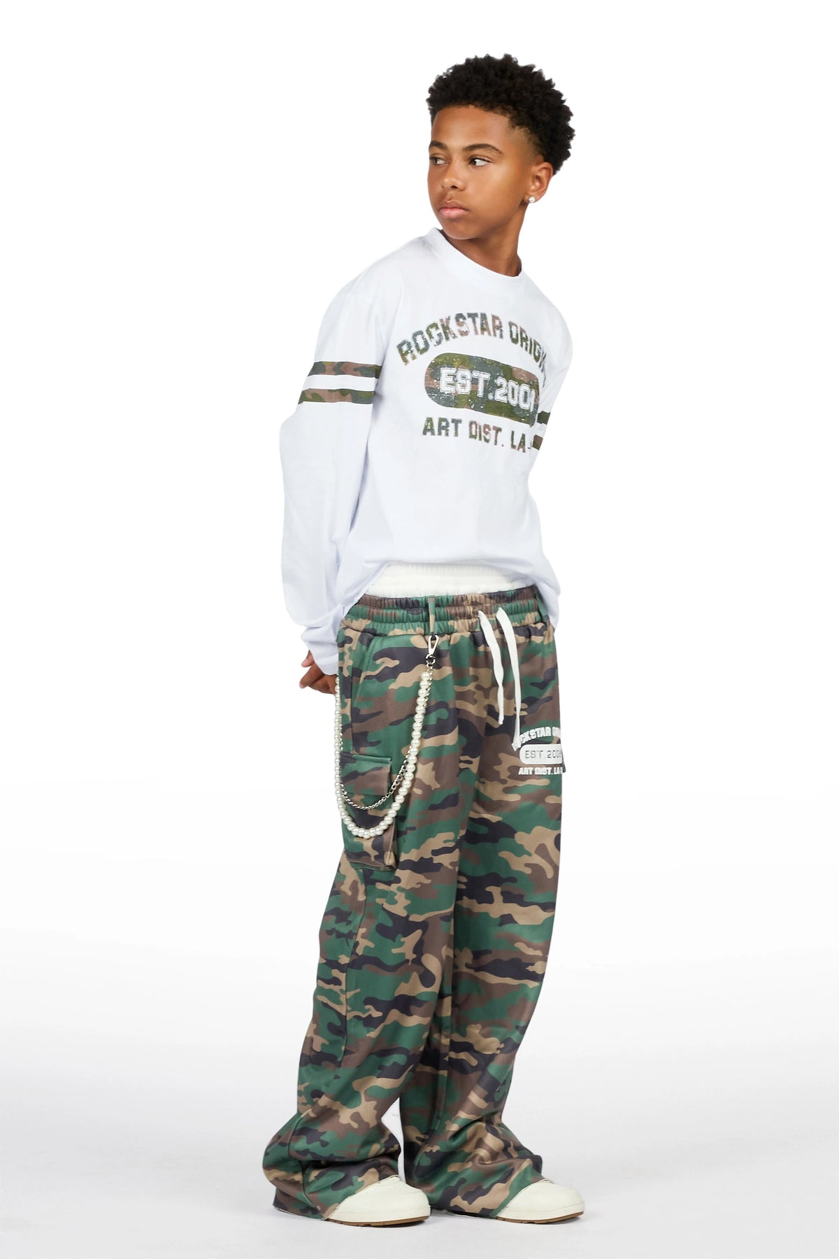 Boys Alexander White/Camo Long Sleeve Shirt Double Waisted  Super Baggy Track Set