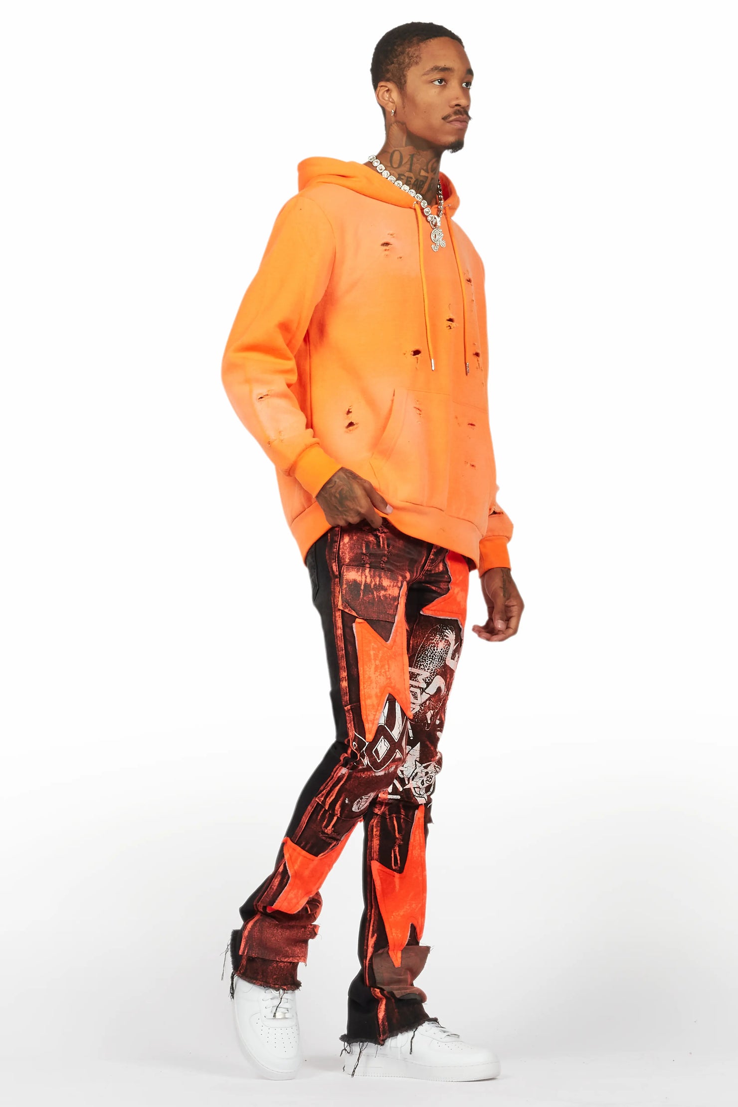 Valko Black/Orange Roller Paint Stacked Flare Jean