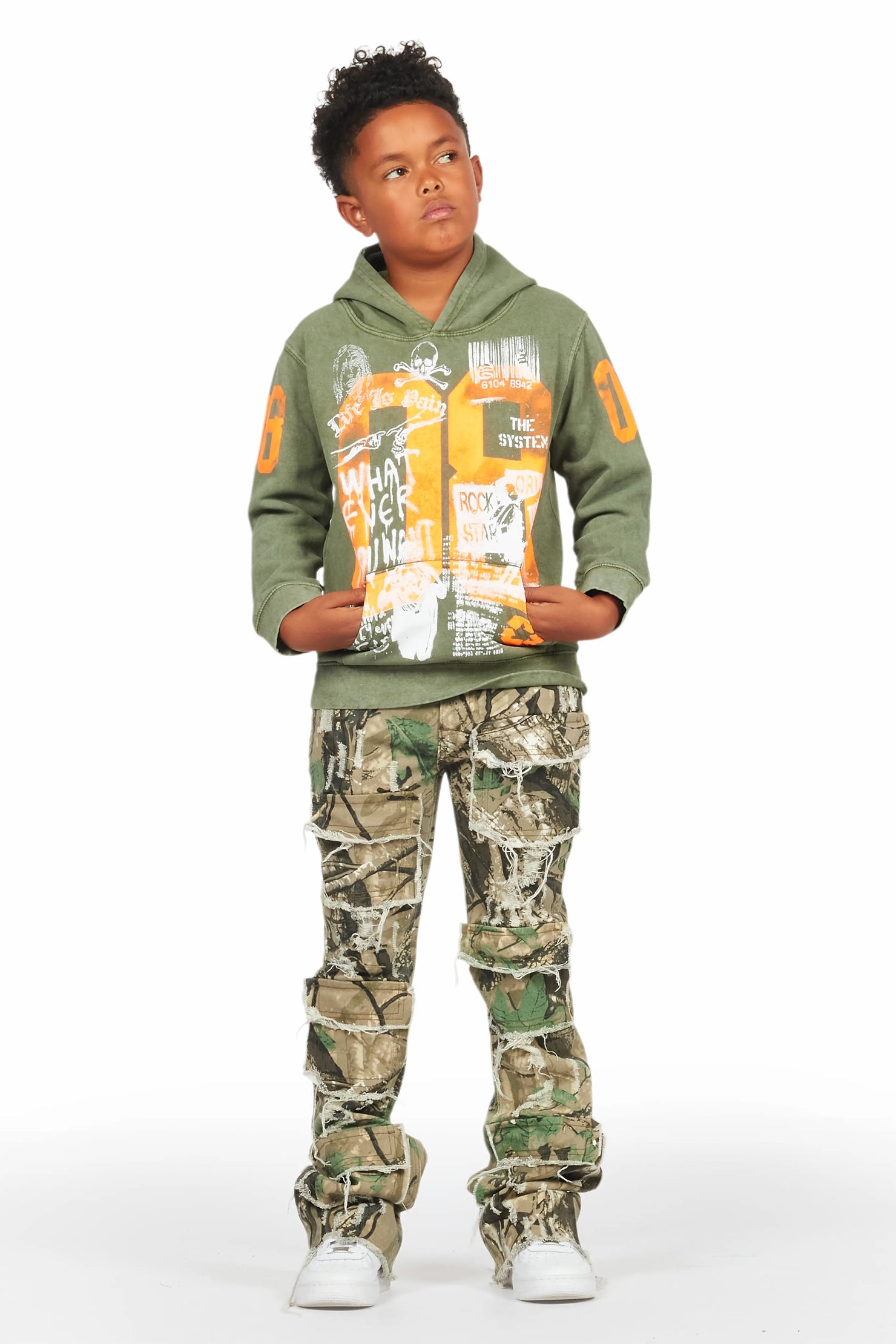 Boys Beau Tree Camo Hoodie/Stack Flare Jean Set