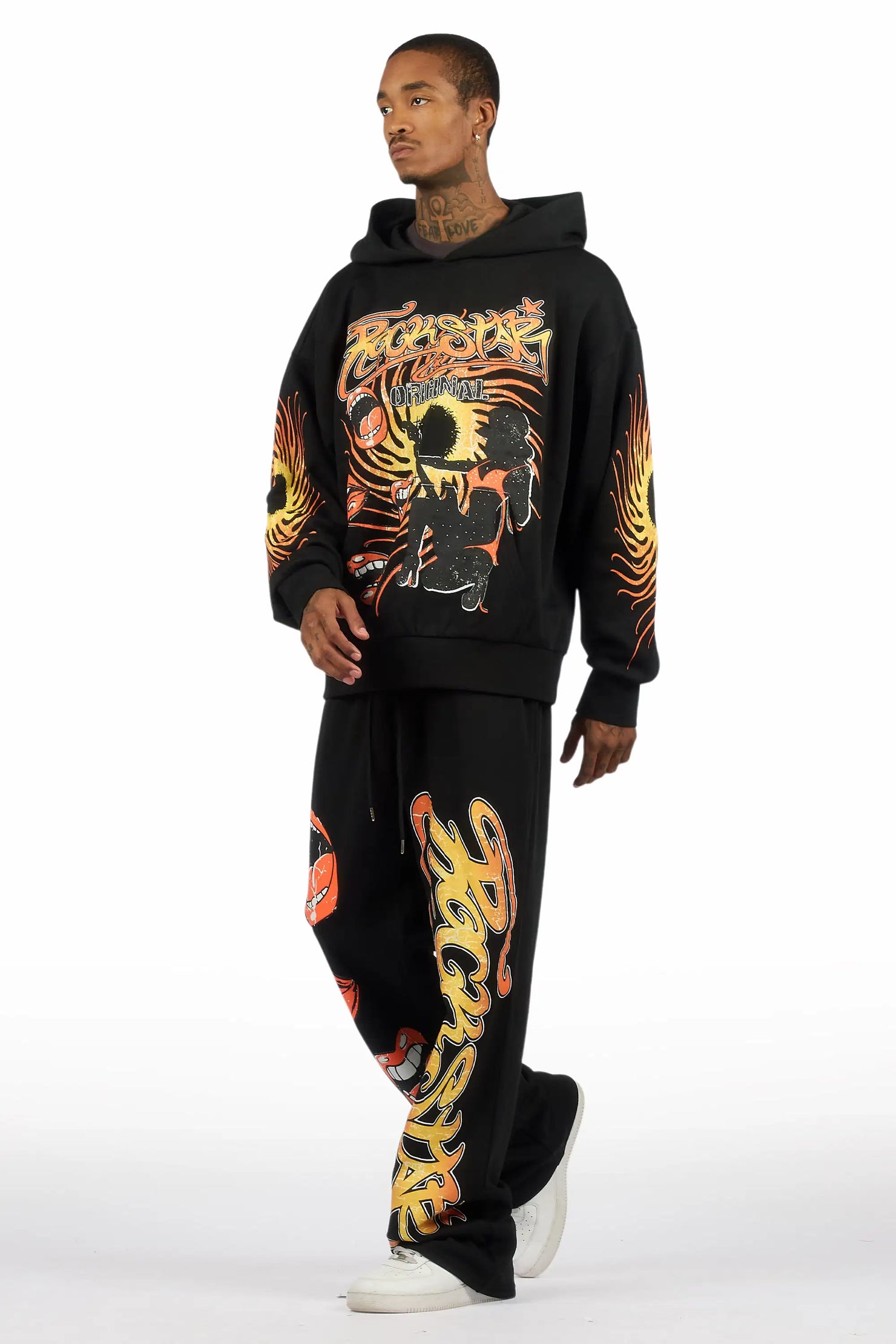 Rock n Roll Black Hoodie/Baggy Pant Track Set