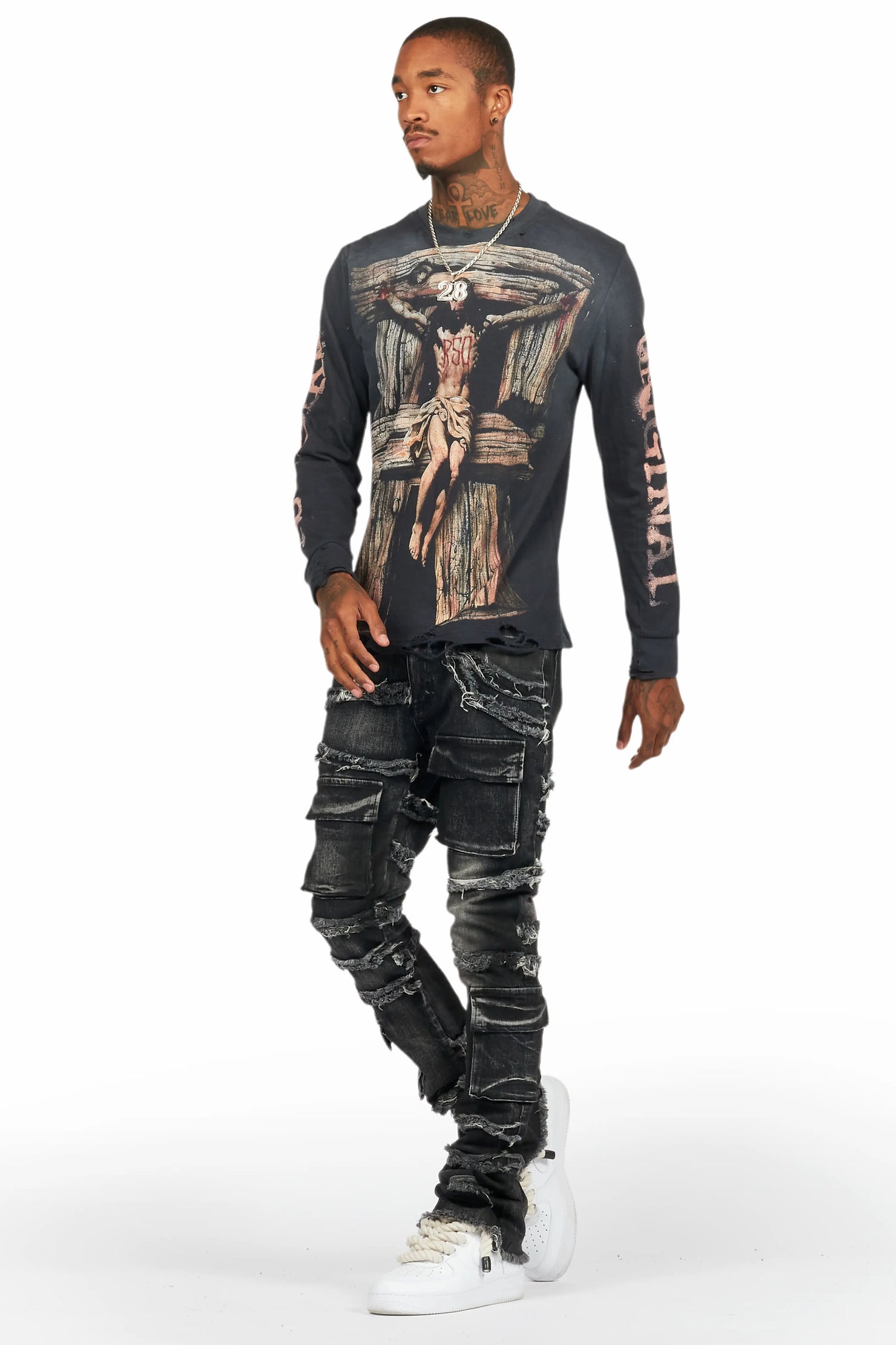 Yves Black Stacked Flare Cargo Jean