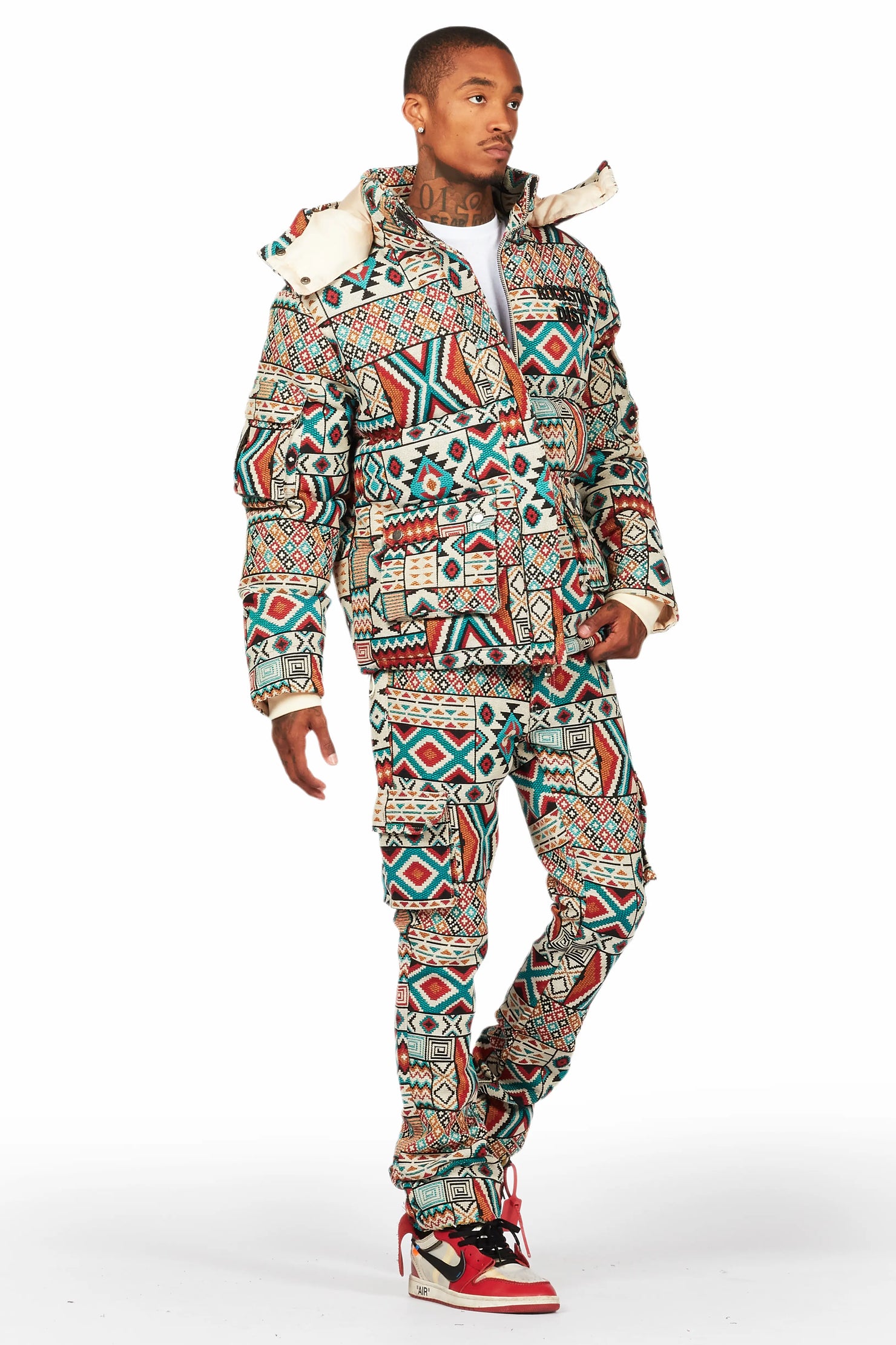 Nard Beige Multi Tapestry Stacked Flare Jean