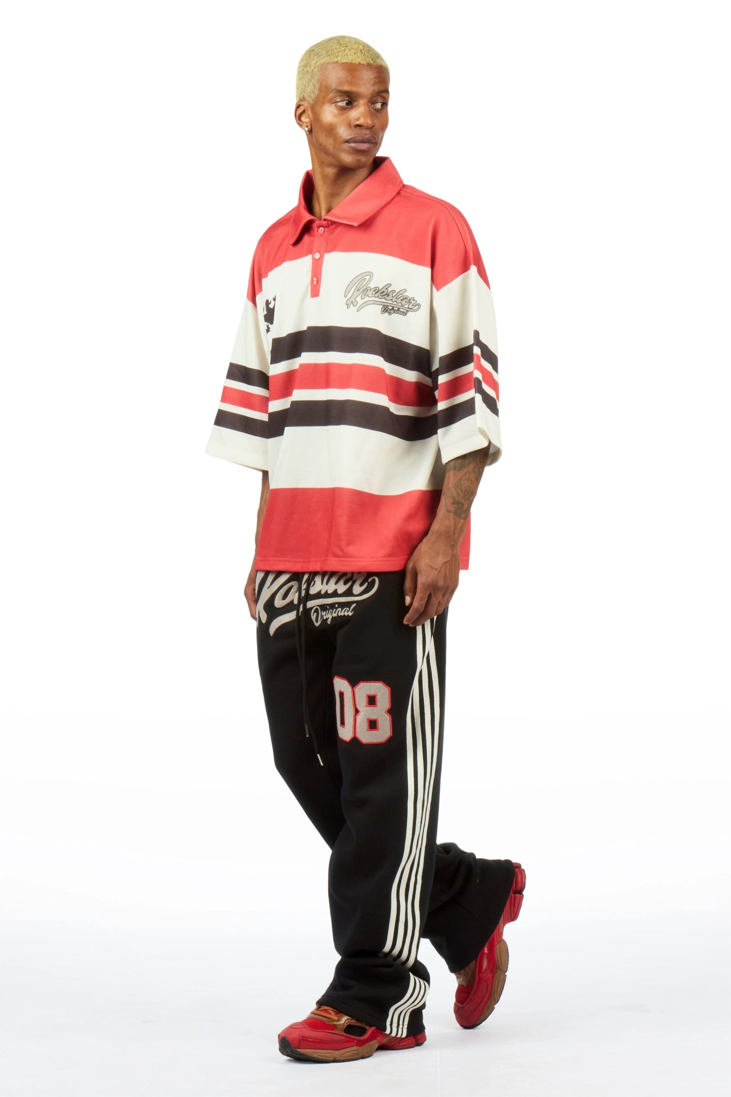 Yazan Red Crop Boxy Polo/ French Terry Relaxed Pant Track Set