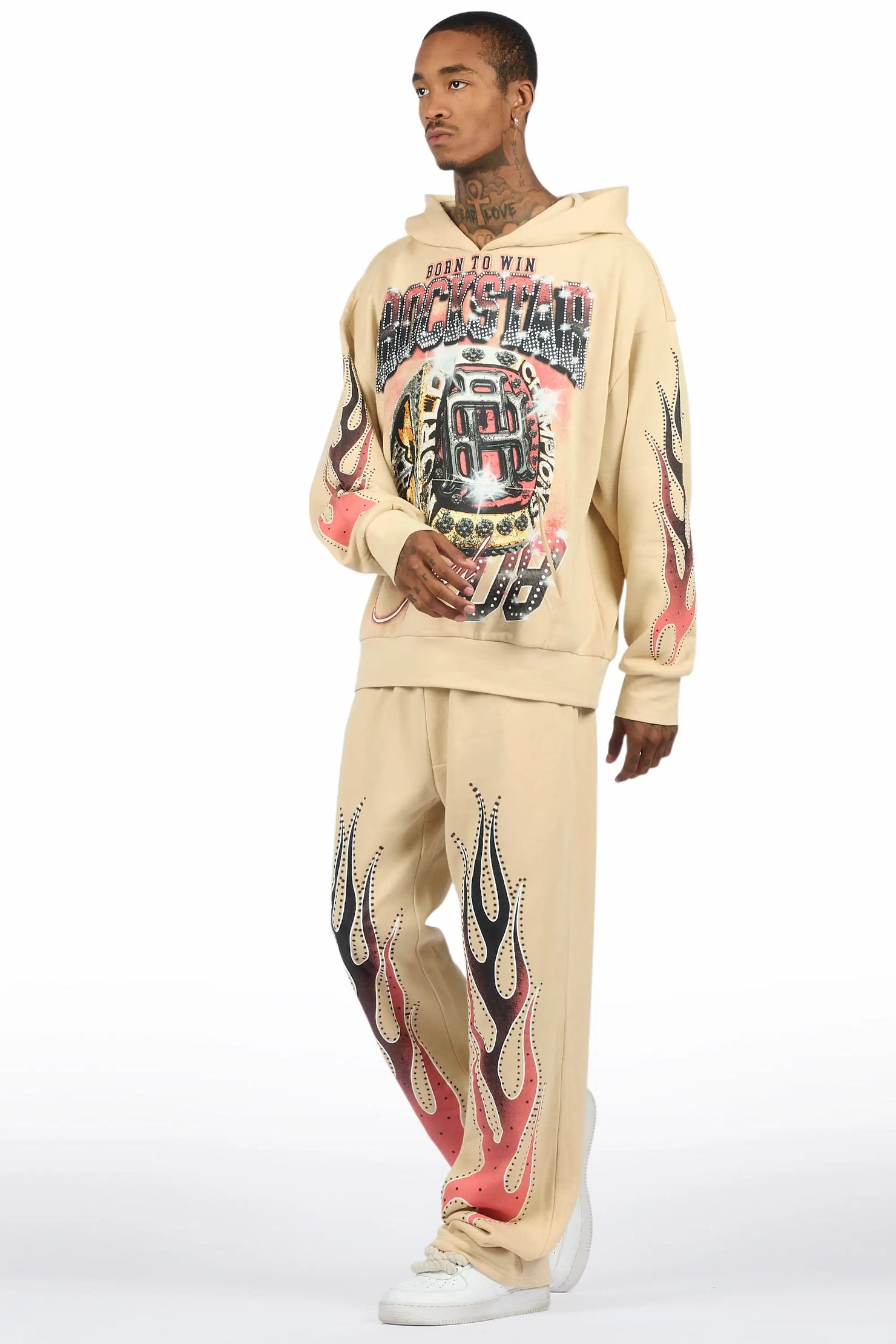 Glans Beige Hoodie/Baggy Pant Track Set