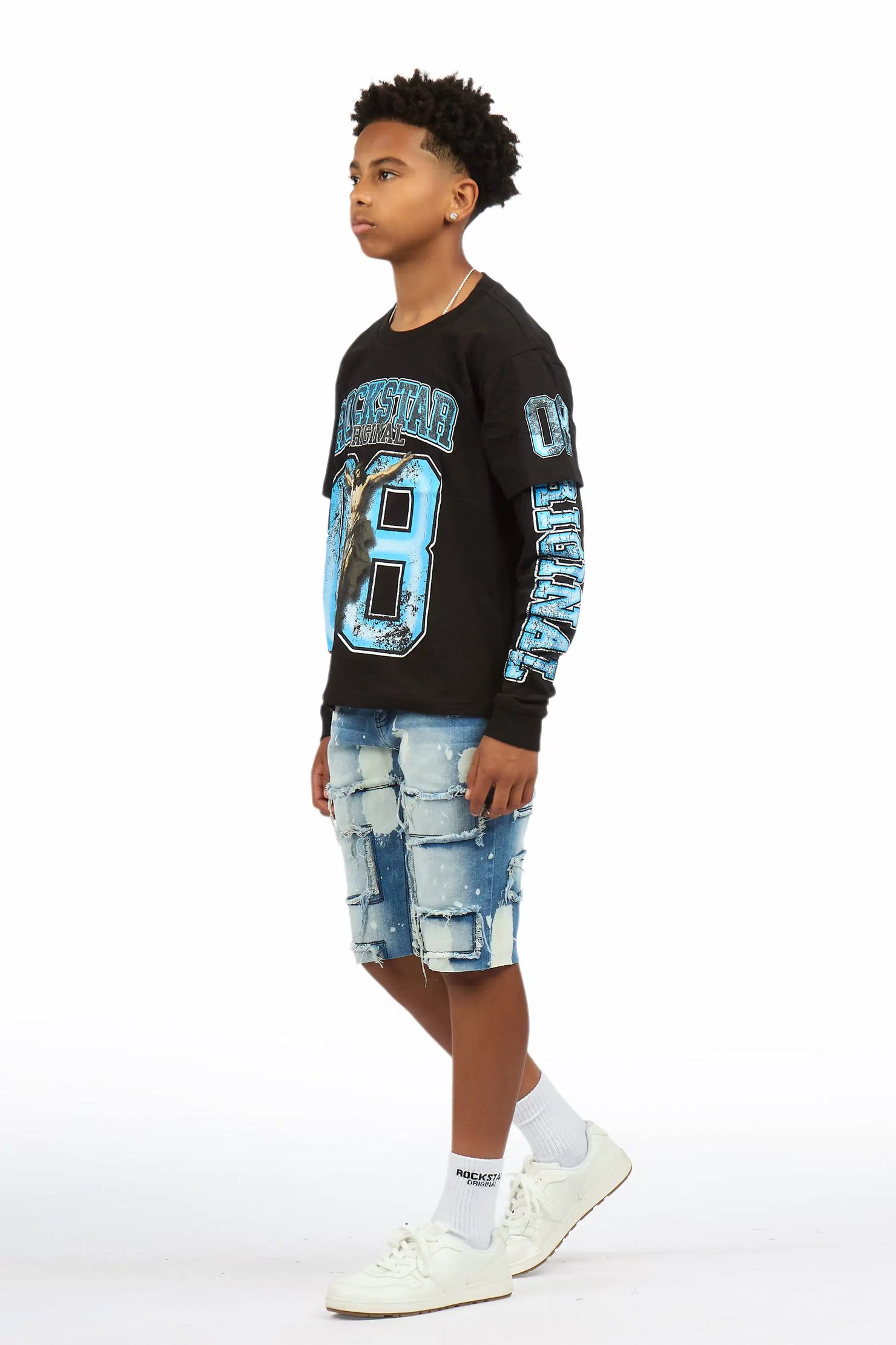 Boys Fieban Black/Blue Double Layer T-Shirt/Denim Short Set