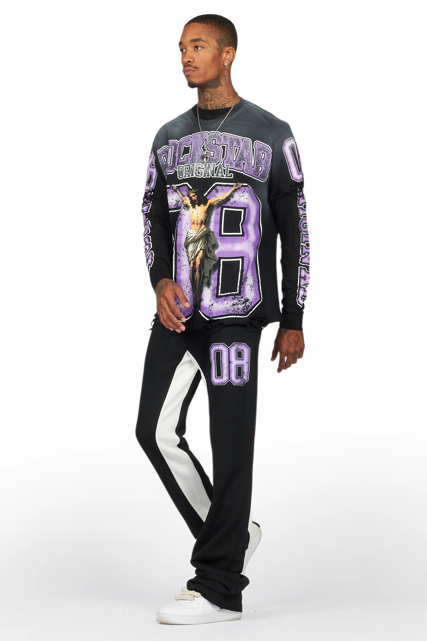 Fields Black/Purple Double Layer T-Shirt/Stacked Baggy Track Pant Set