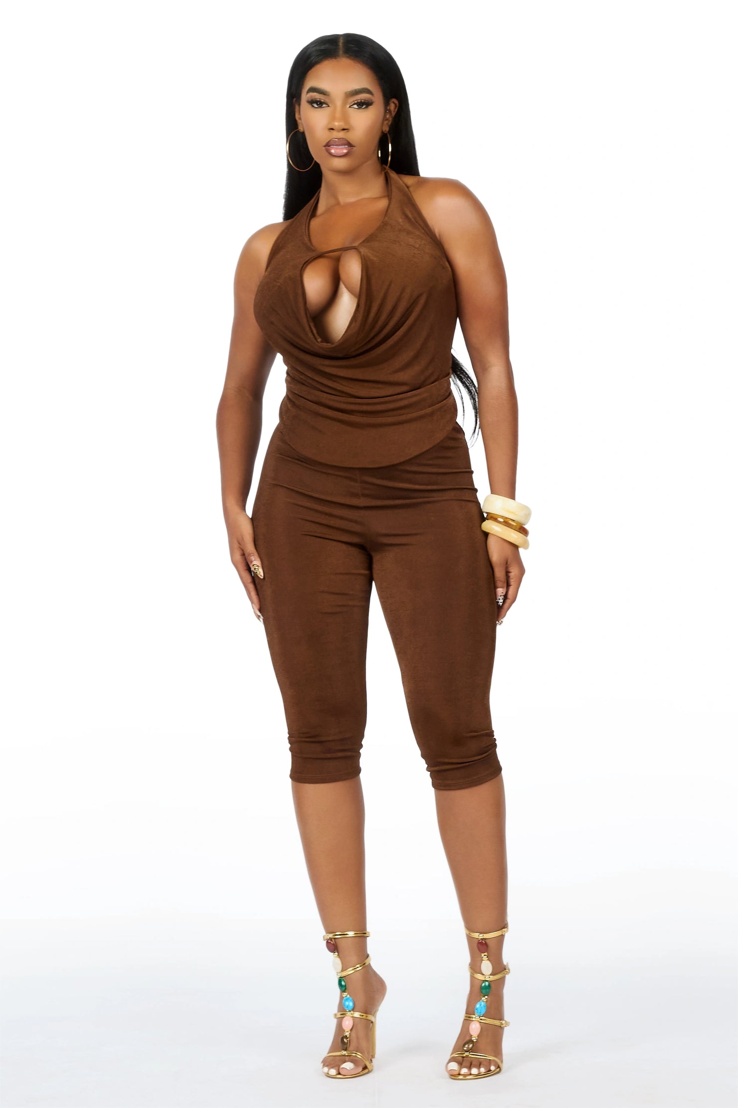Draped-Up Brown Matching Capri Set