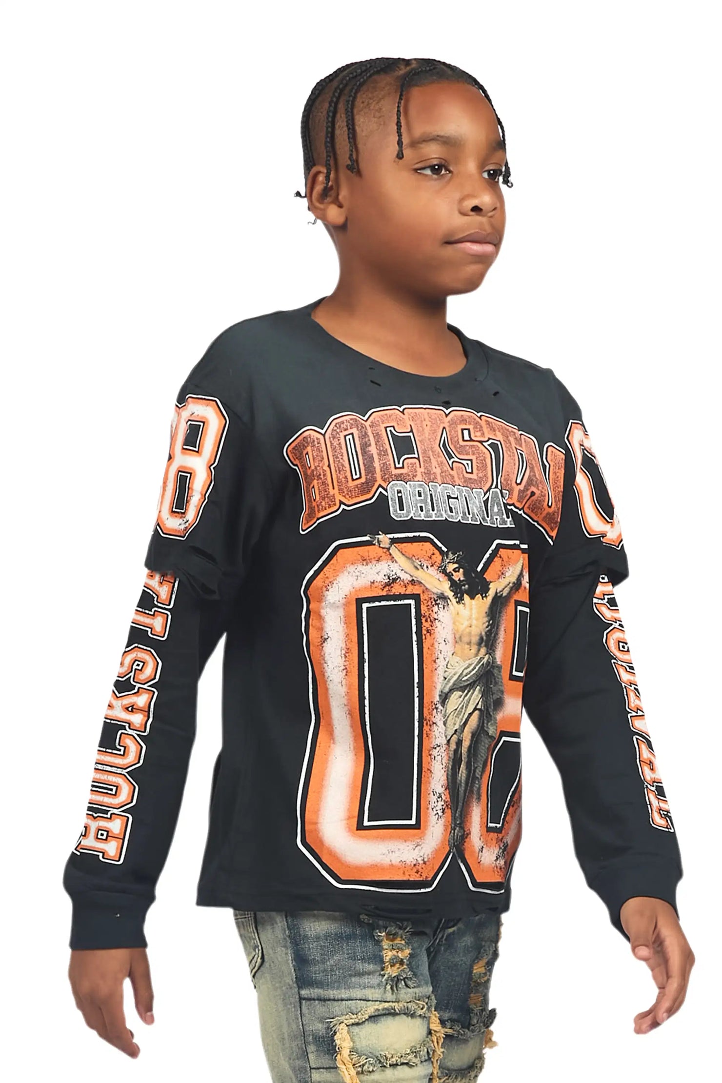 Boys Fields Black/Orange Double Layer L/S Graphic T-Shirt