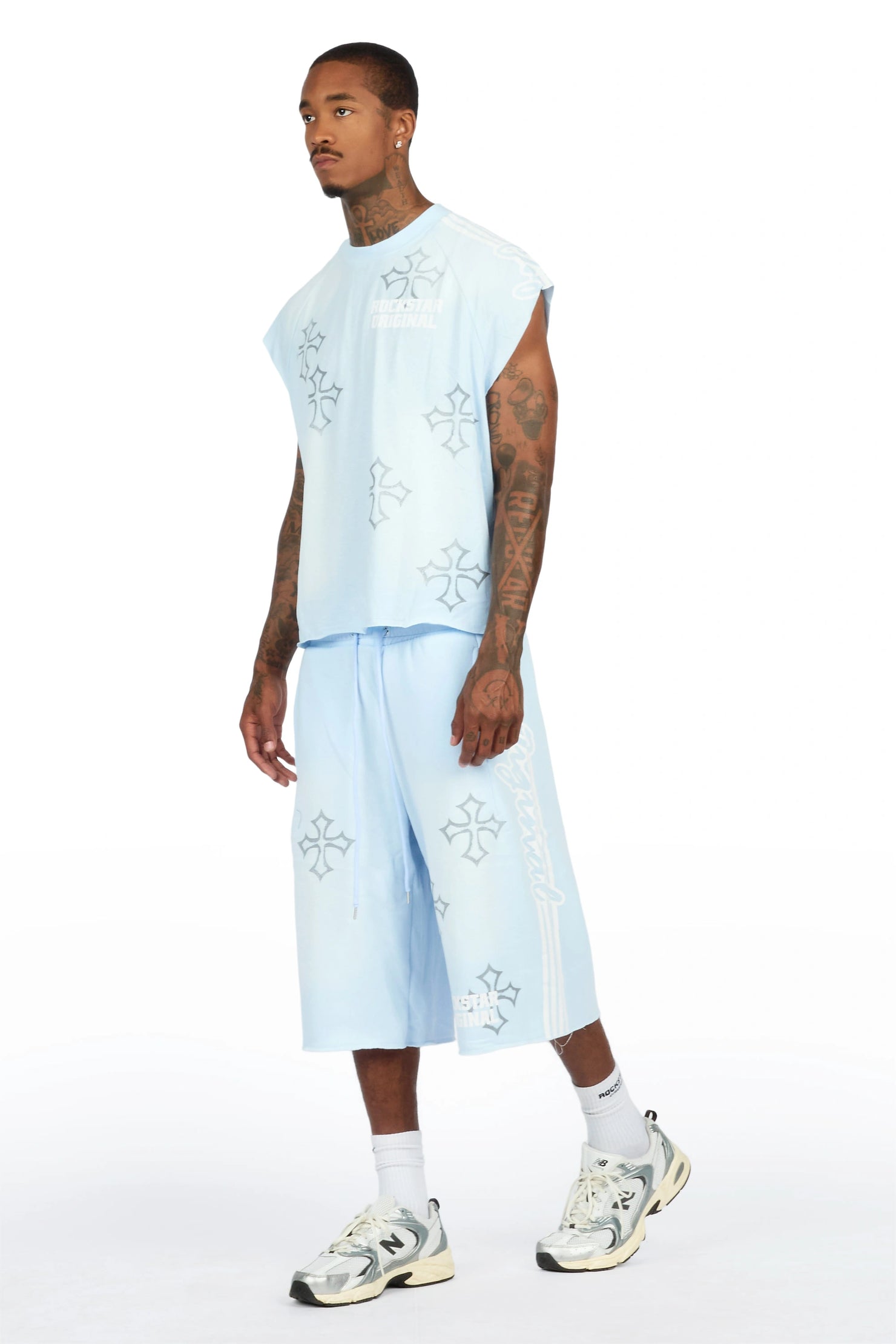 Osso Sky Blue Cut Sleeve T-Shirt Double Waisted Jort Set