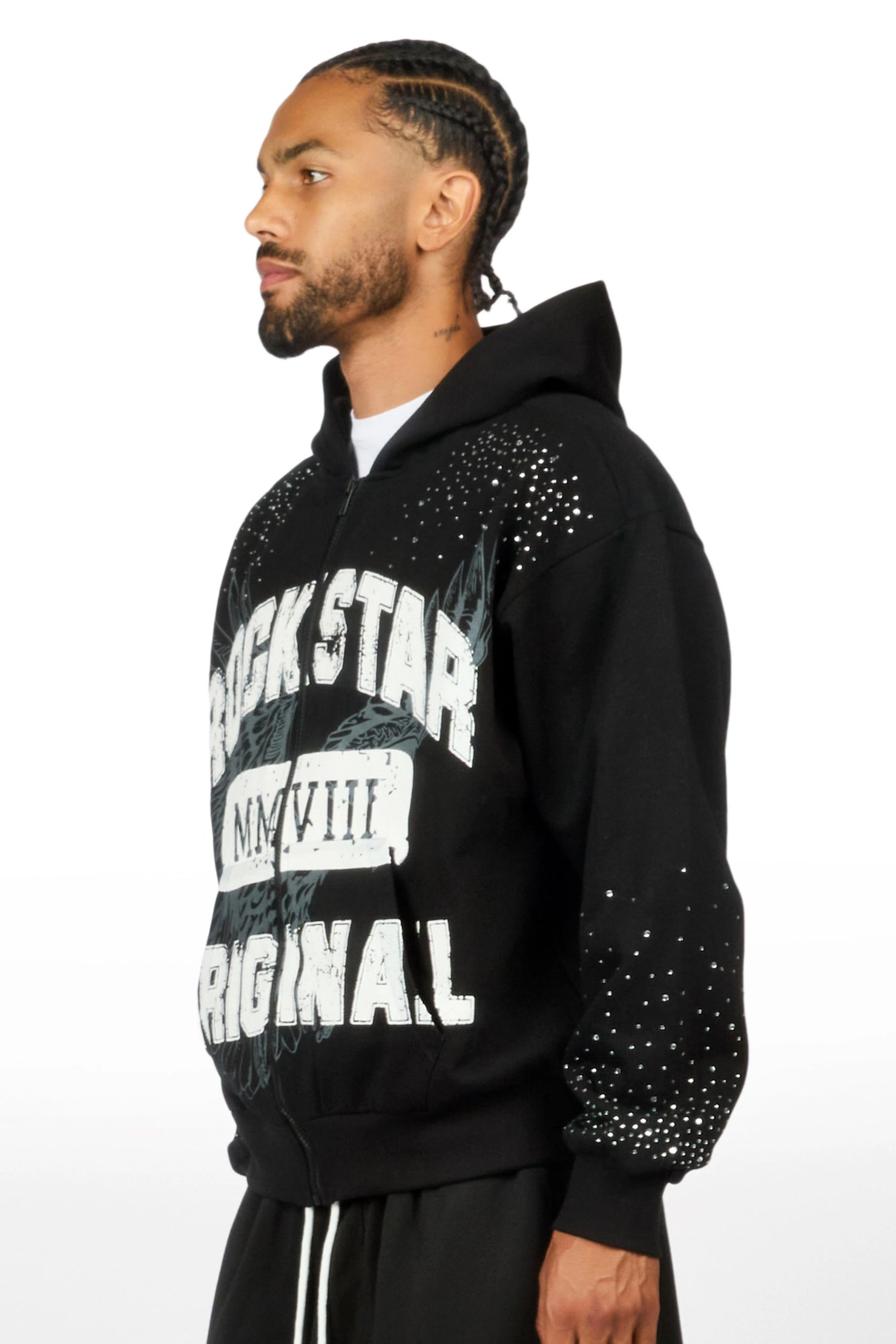 Borya Black Rhinestone Zip Up Hoodie