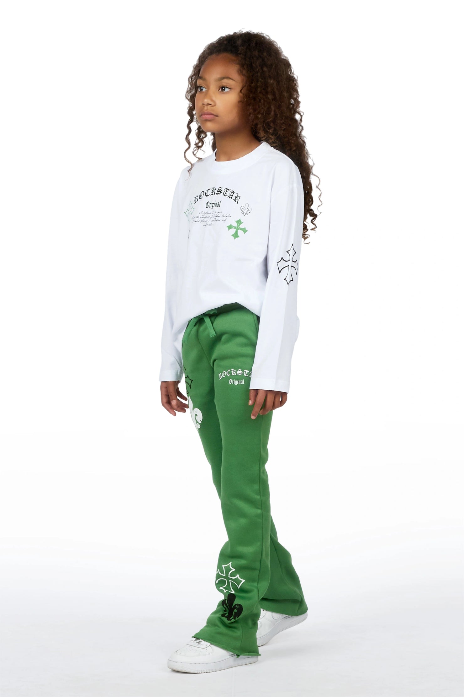 Girls Deshunique White/Olive Long Sleeve T-Shirt Track Set