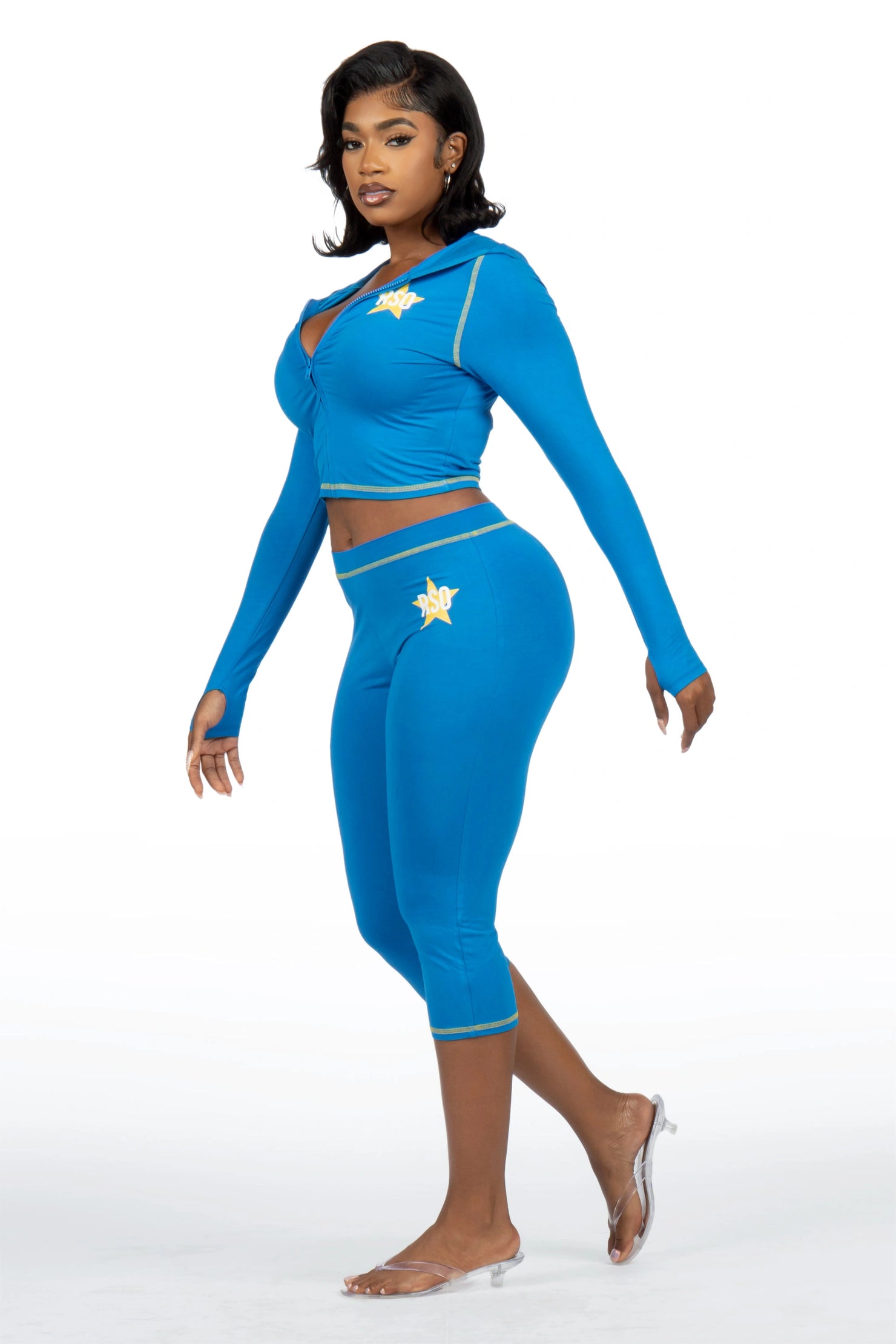 Sharina Blue Zip Up Capri Set