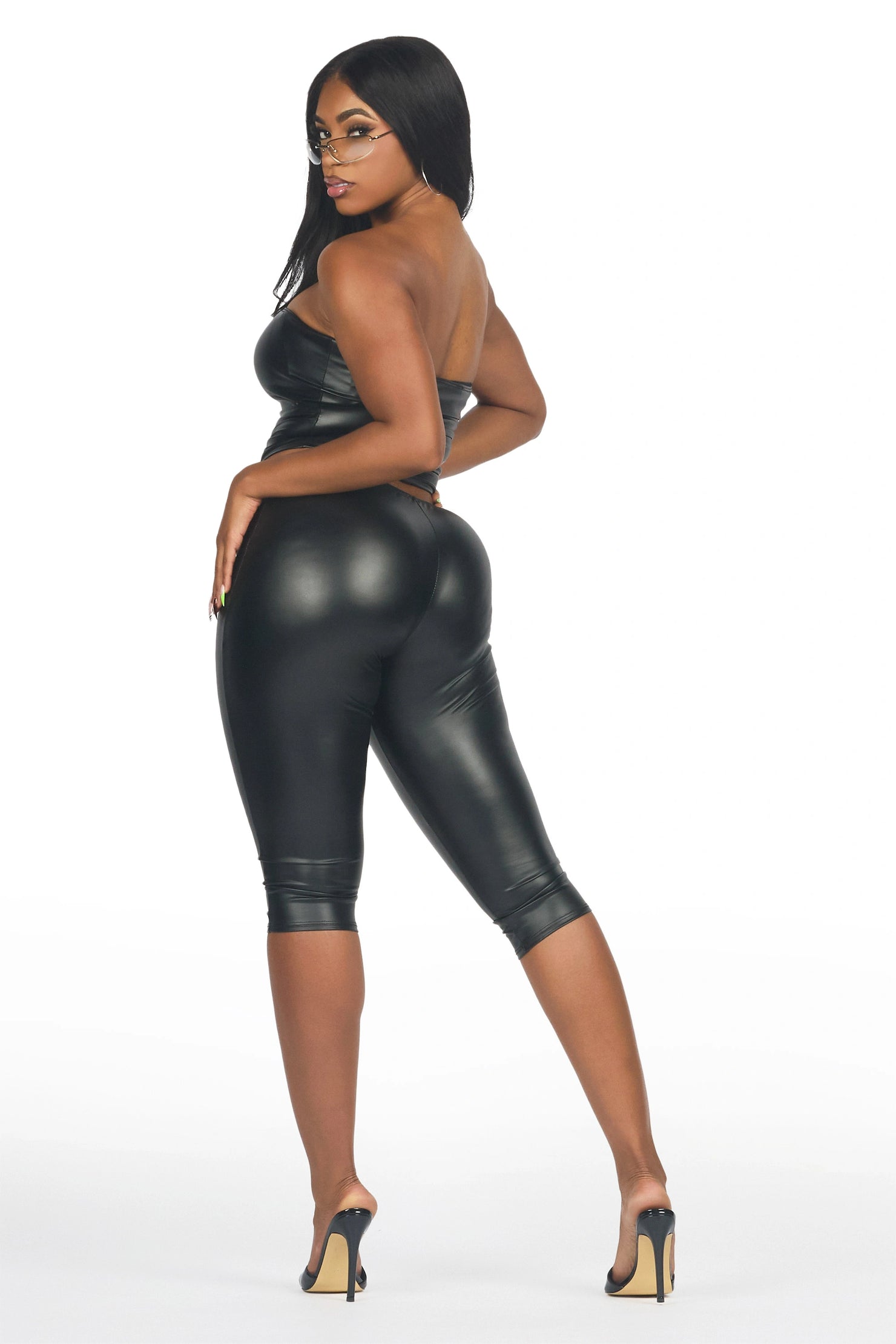 Deep V Pleather Black Capri Set