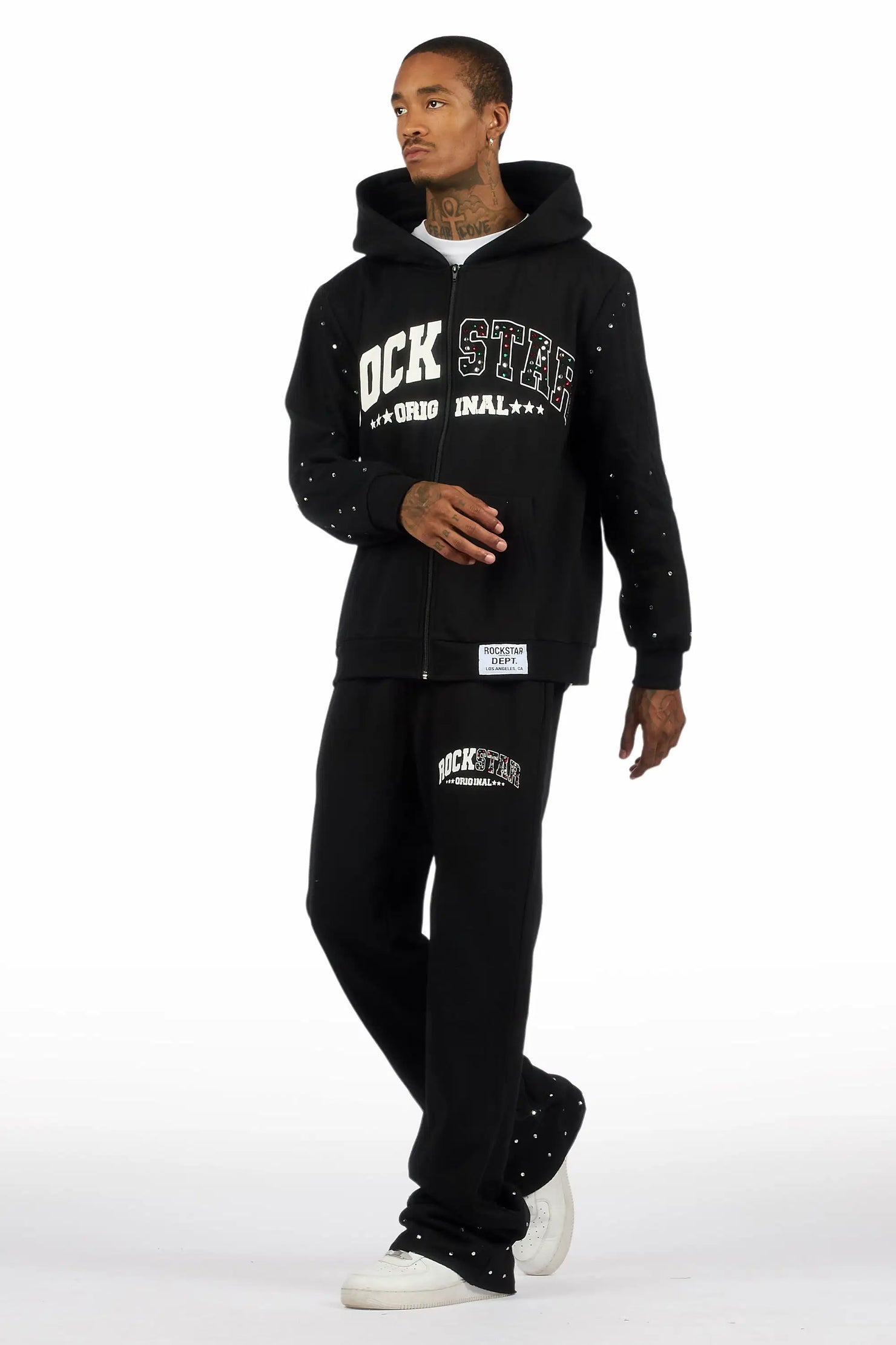 Otik Black Rhinestone Hoodie Baggy Fit Pant Track Set