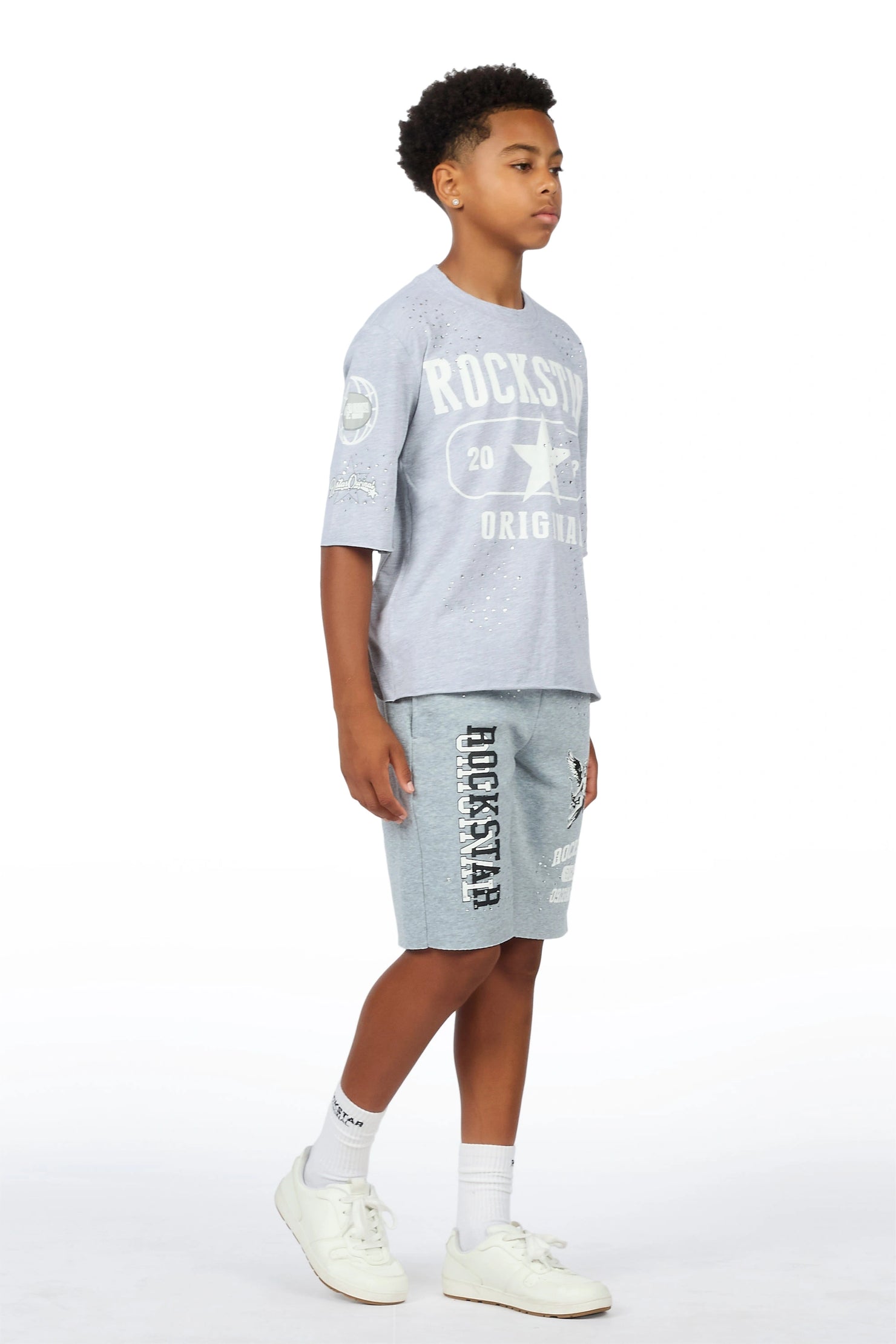 Boys Gutta Grey Rhinestone Boxy T-Shirt/Short Set