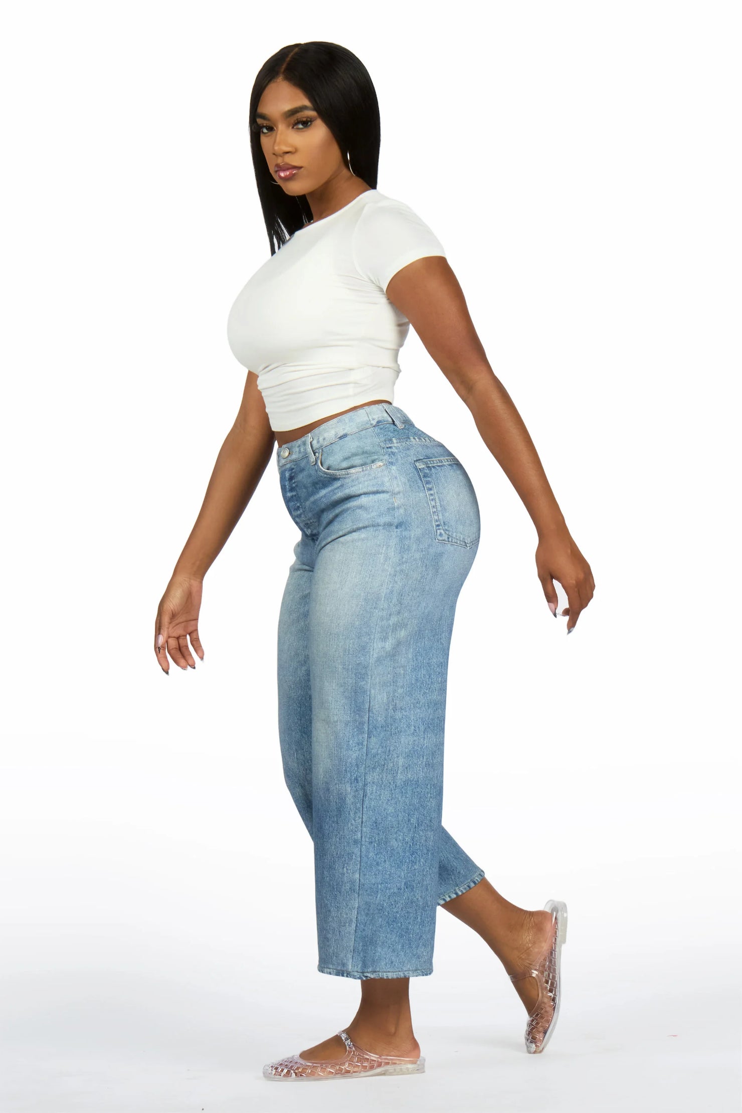 Moxley Med. Wash Denim Print Stretch Terry Sweatpant Capri