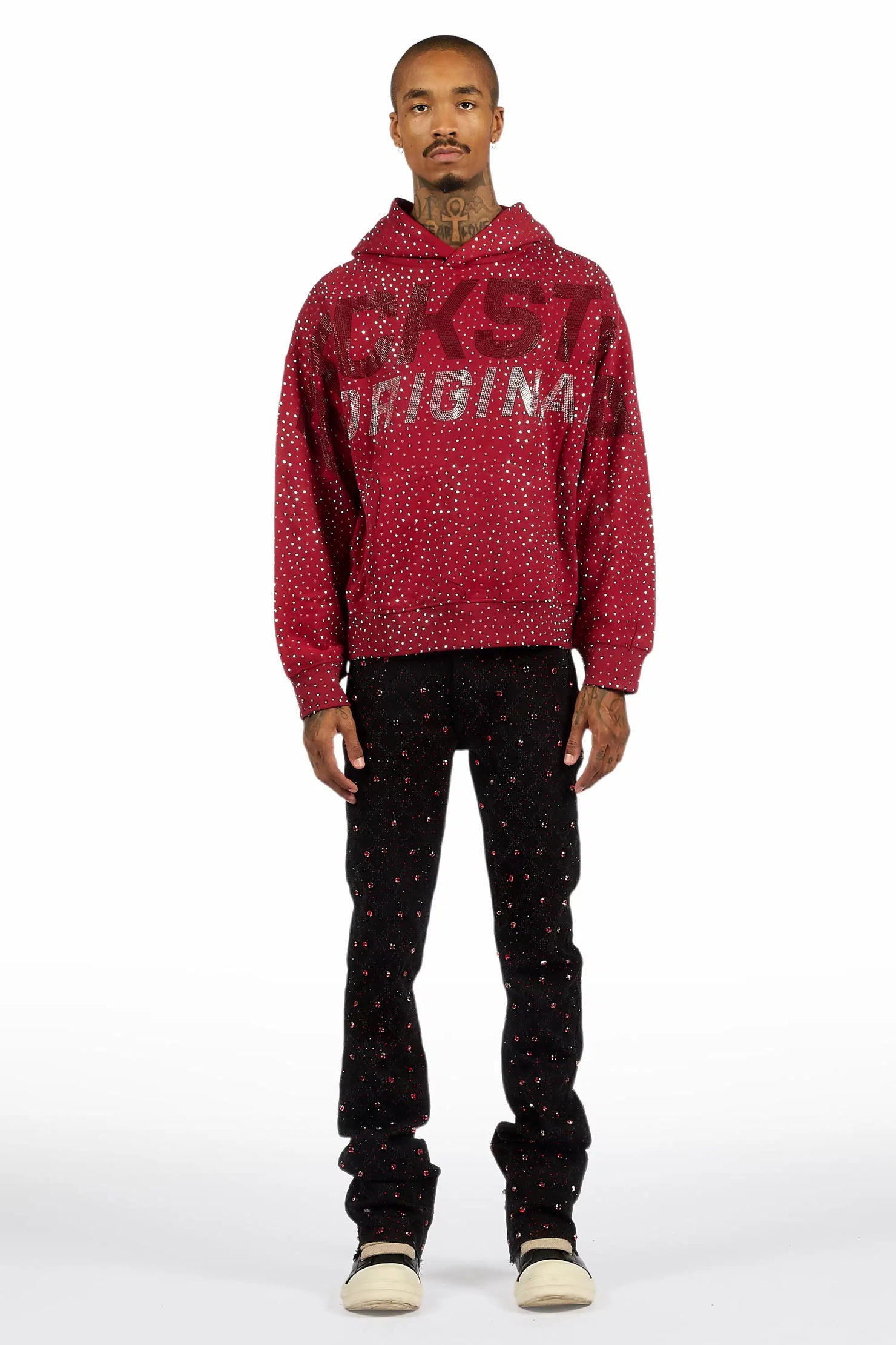 Glit Black/Red Rhinestone Stacked Flare Jean