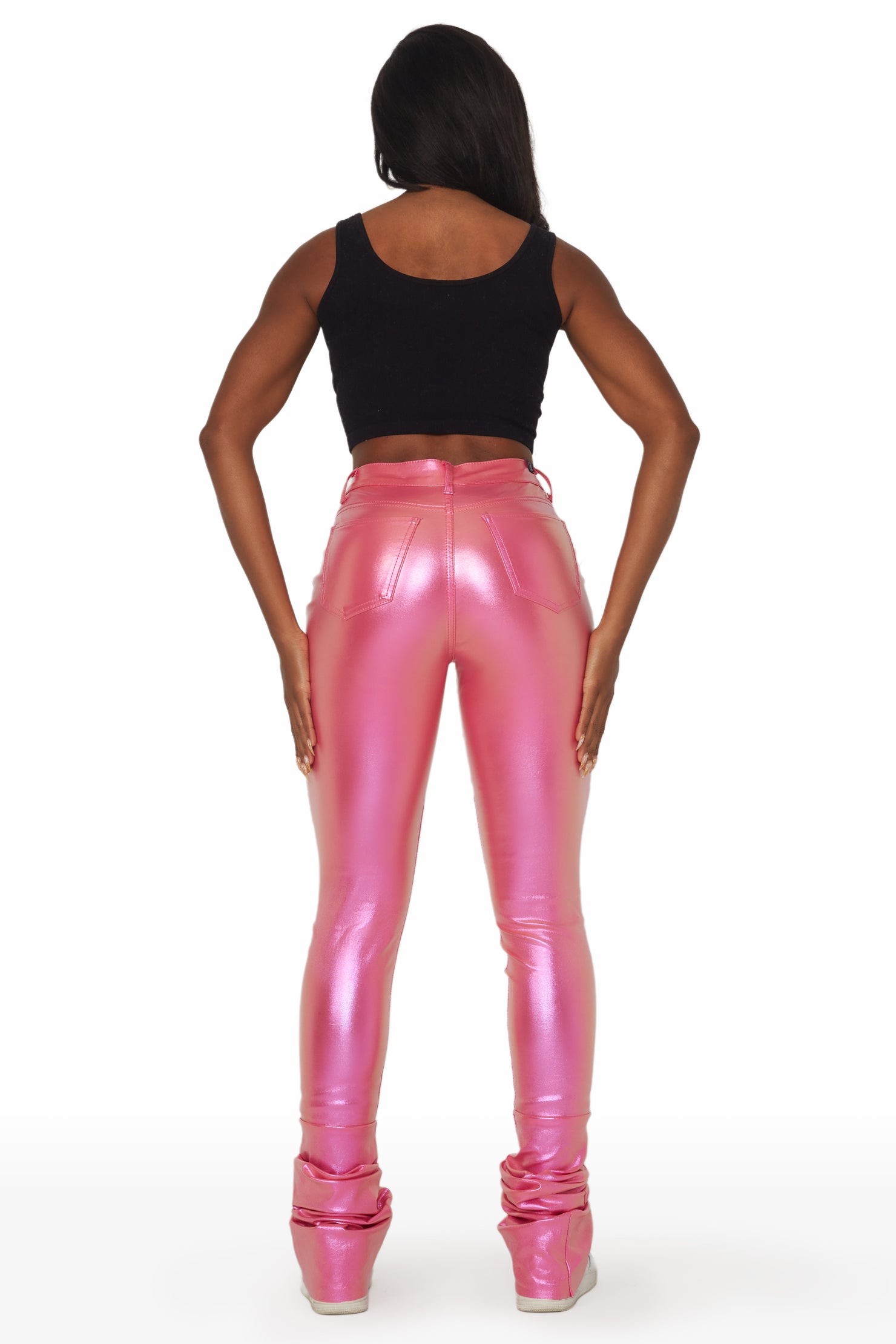 Zaniyah Metallic Pink PU Super Stacked Pant