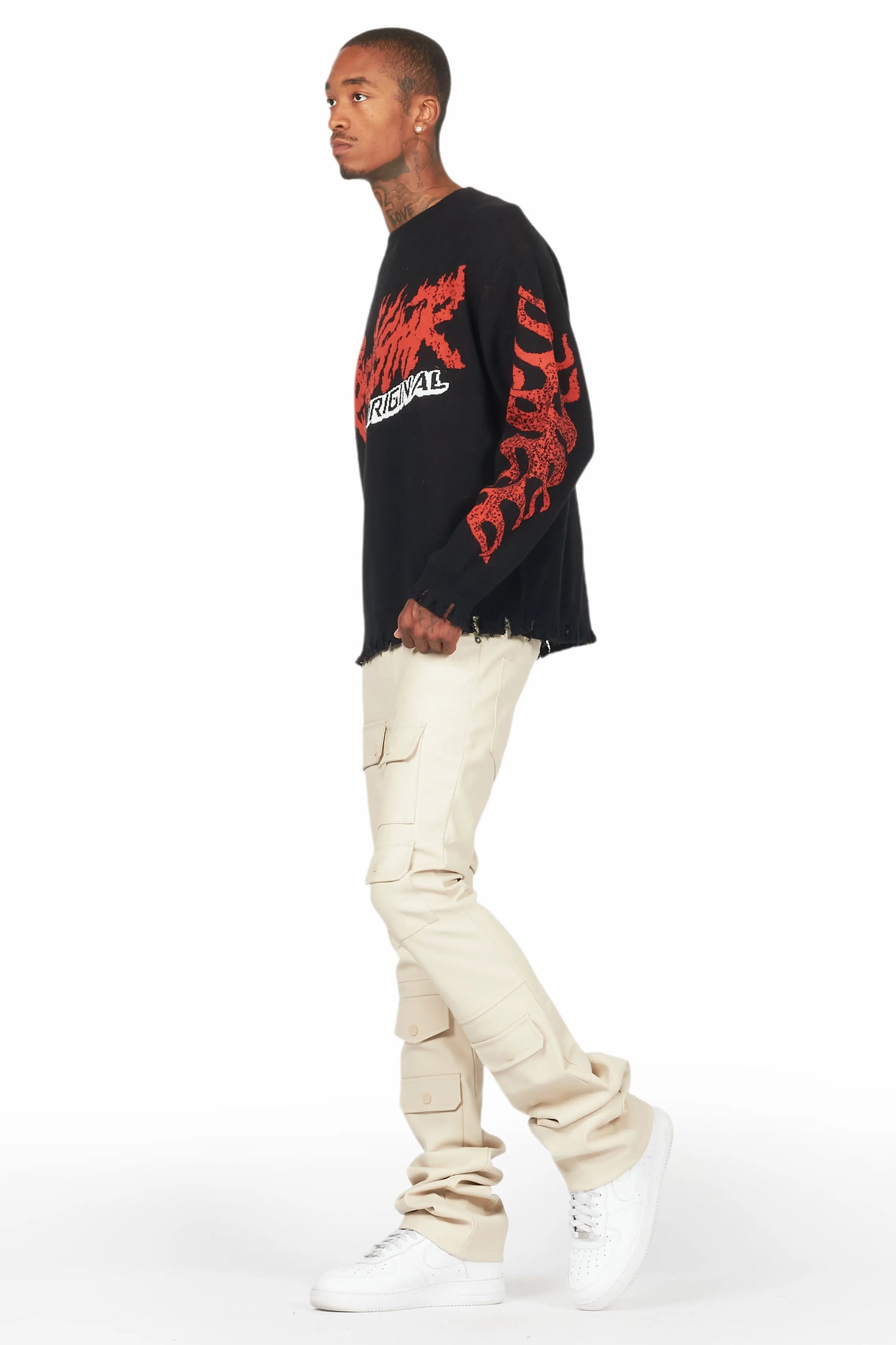 Barossa Beige PU Cargo Stacked Flare Jean