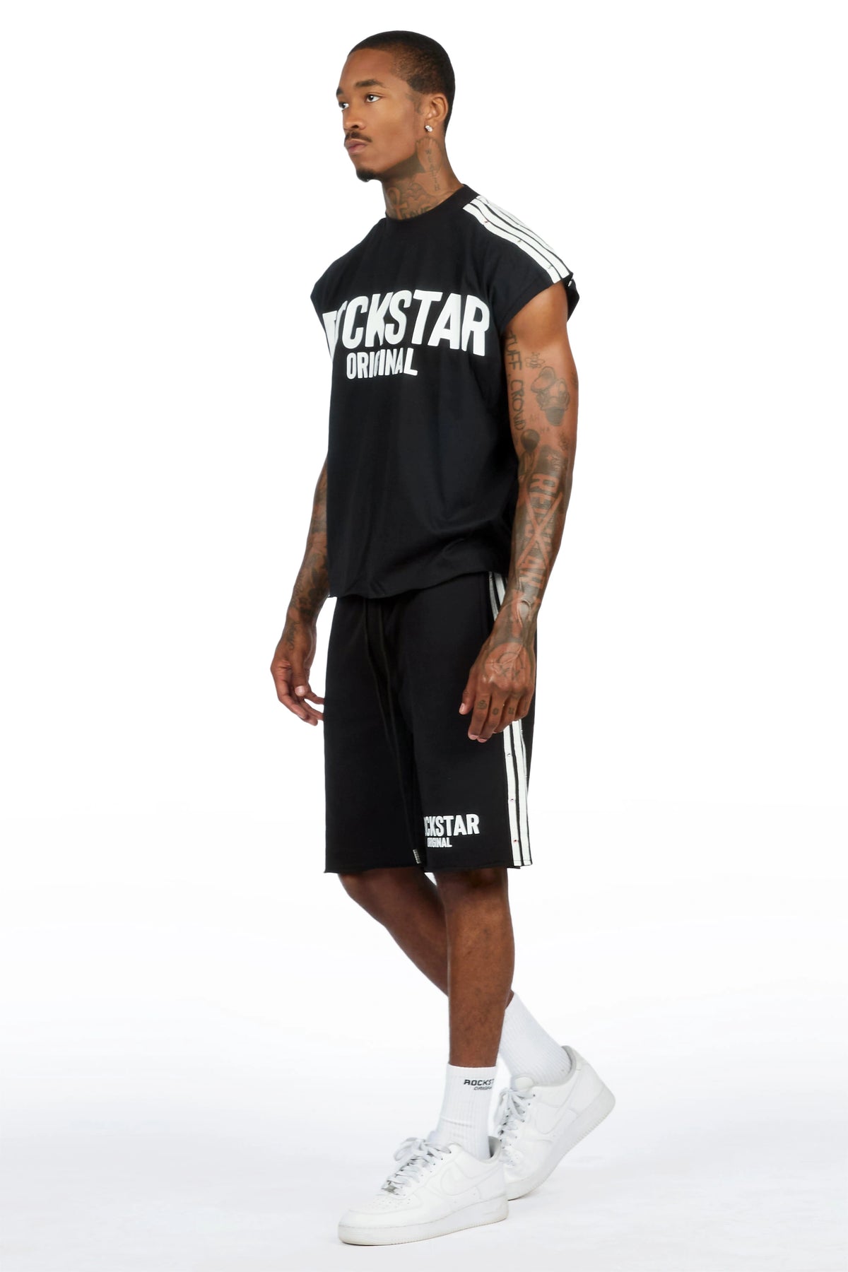Gulis Black Rhinestone Cut Sleeve T-Shirt Short Set