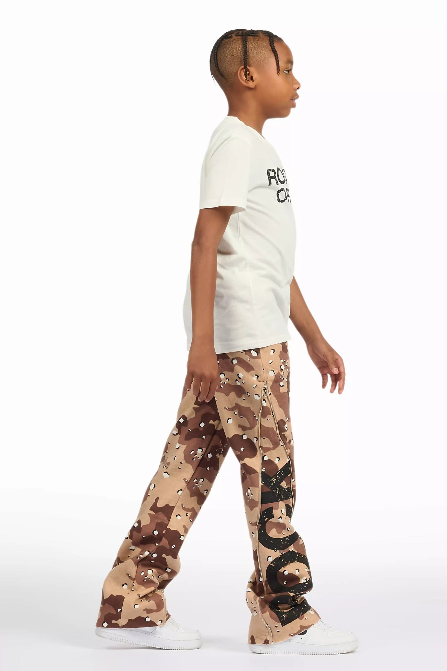 Boys Deniska White/Camo T-Shirt Baggy Stacked Flare Set