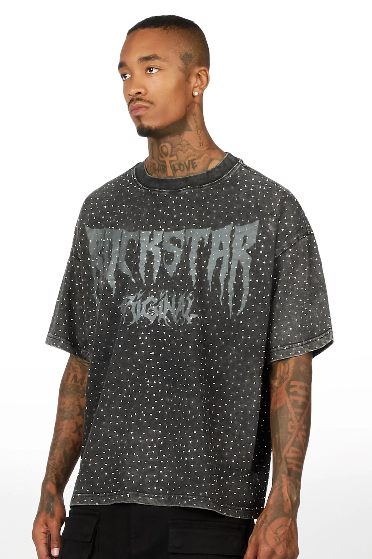 Andros Black Rhinestone Oversized Graphic T-Shirt