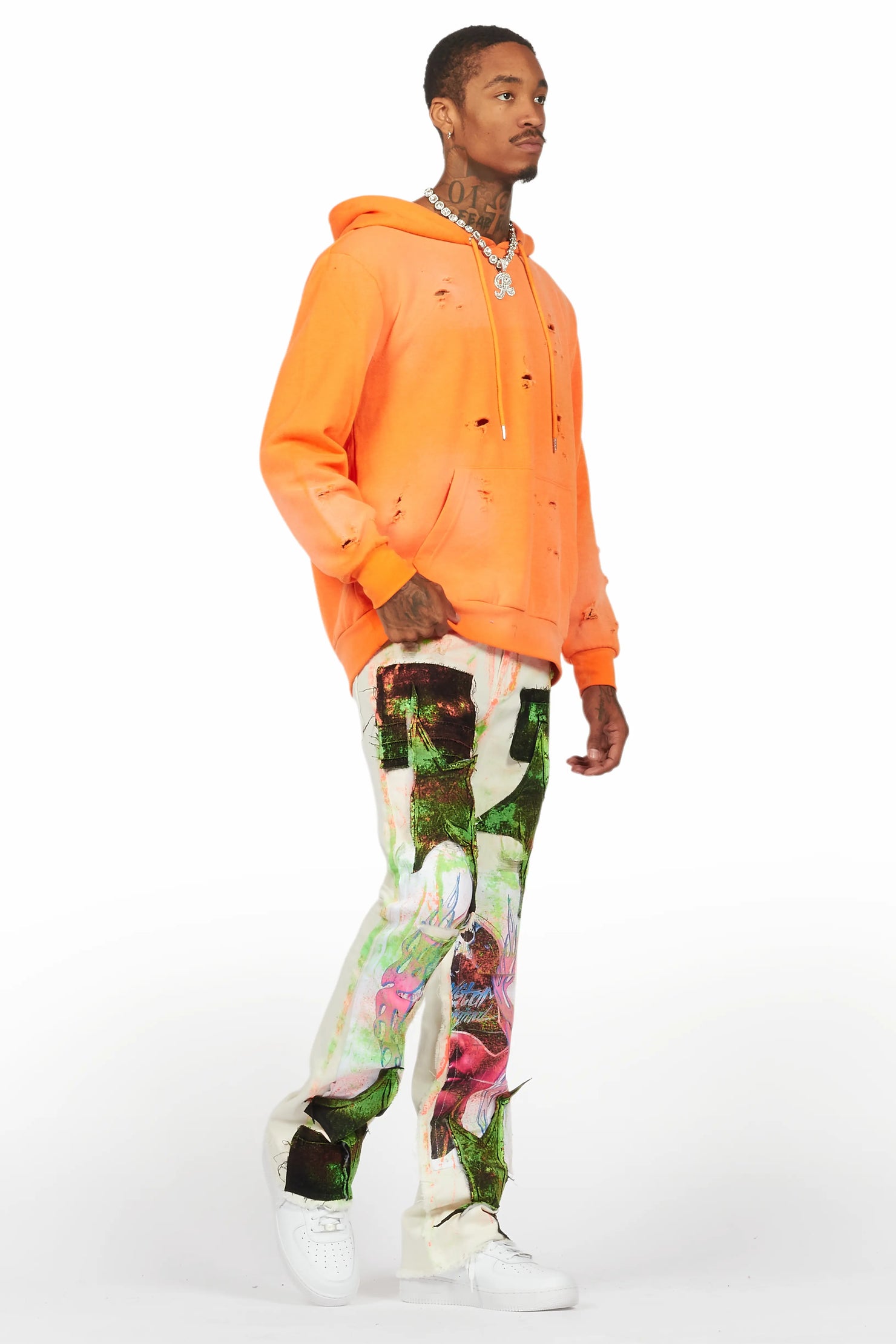 Helki Beige/Green Roller Paint Stacked Flare Jean