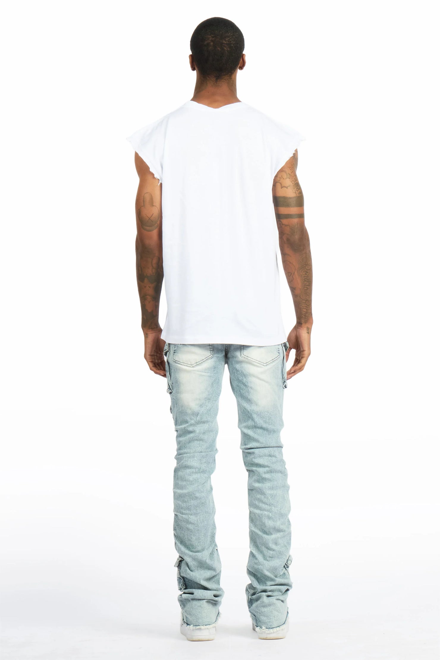 Grill 2.0 White/Light Blue Oversized Graphic T-Shirt & Gentry Stacked Flare Jean Set