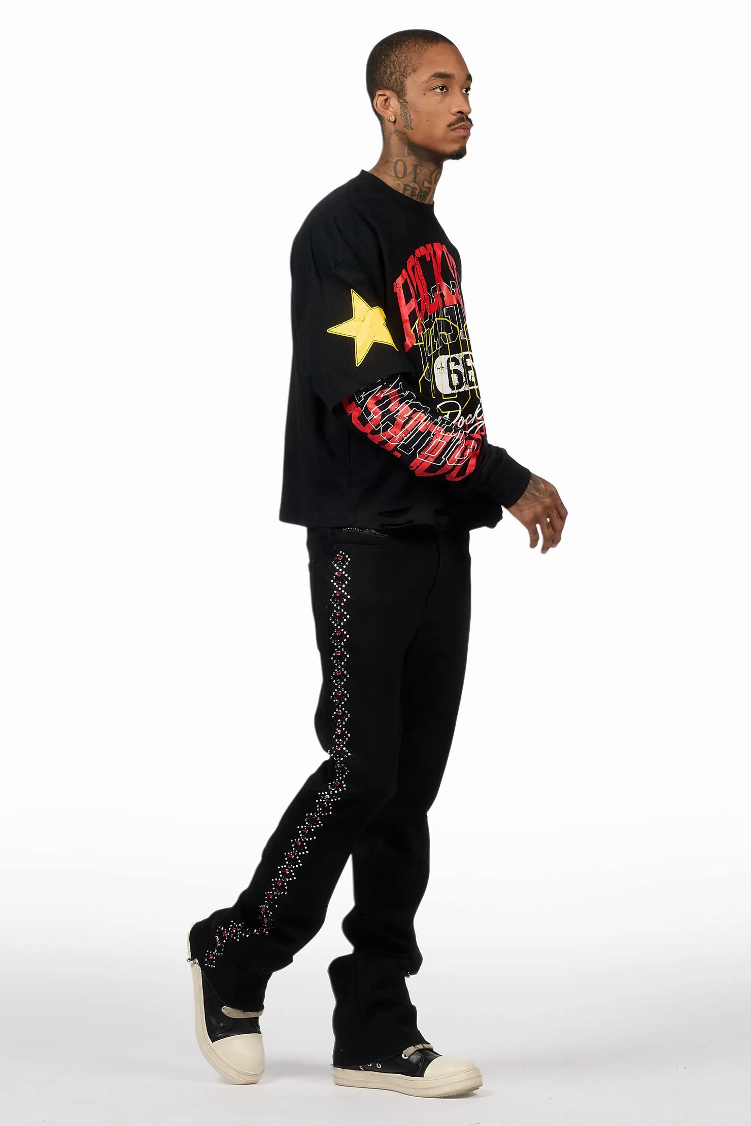 Ozi Rhinestone Black Stacked Flare Jean