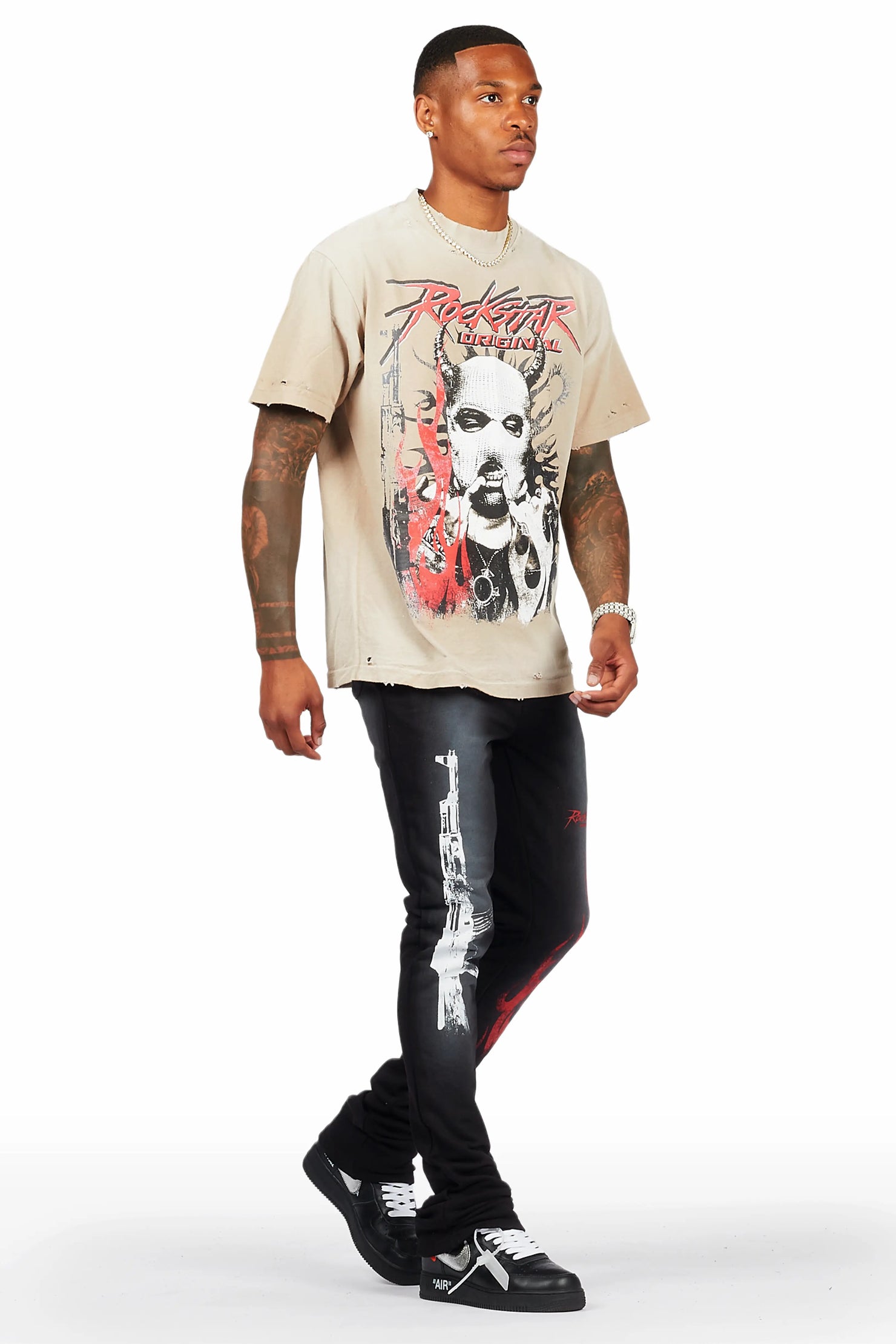 Mercy Beige/Black Oversized T-Shirt/ Stacked Flare Track Pant Set