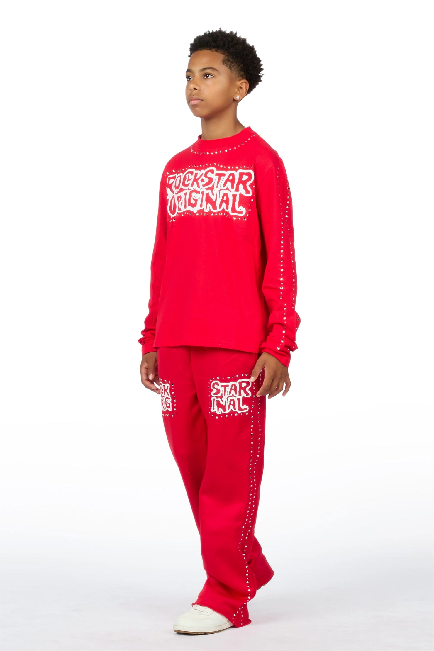 Boys Marc Red Rhinestone Long Sleeve Shirt Relaxed Track Set