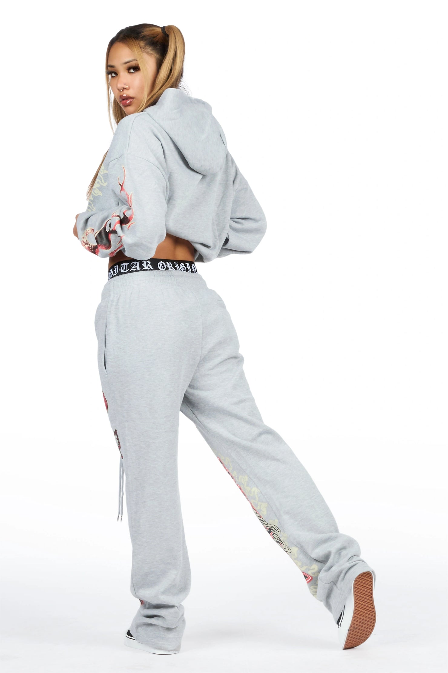 Zyre Heather Grey Graphic Baggy Fit Track Set