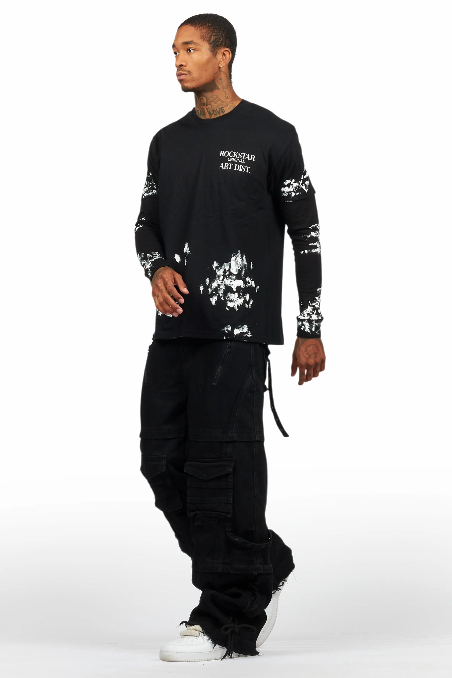 Filip Black Double Layer Long Sleeve Graphic T-Shirt