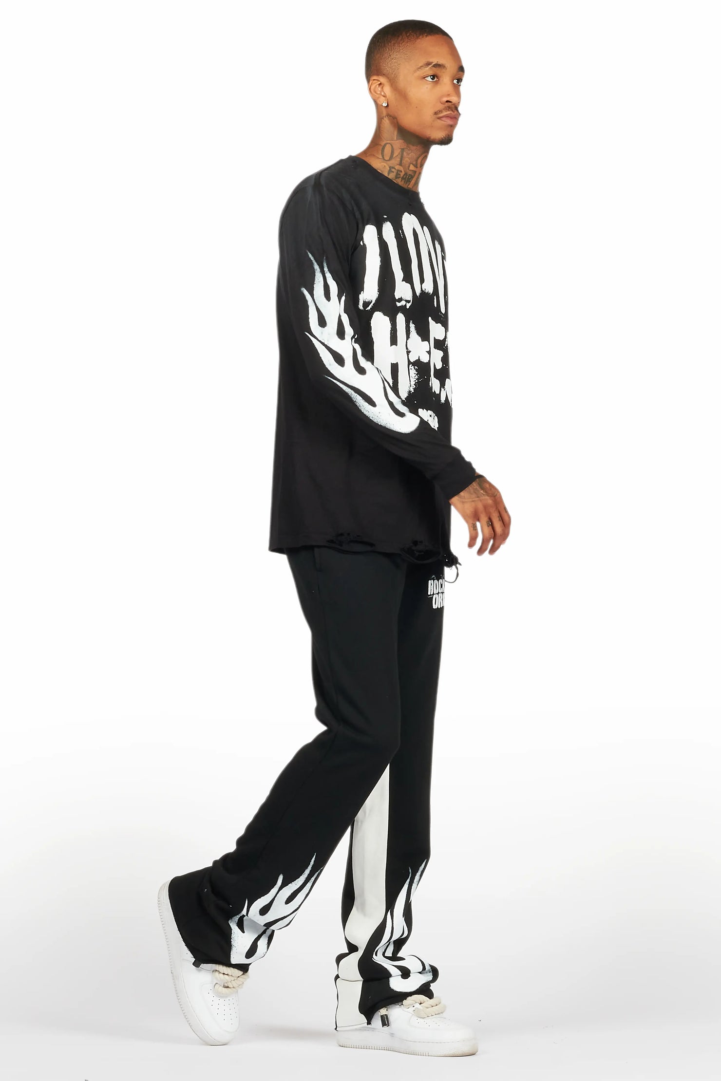 Banyan Black/White Long Sleeve T-Shirt/Stacked Baggy Track Pant Set