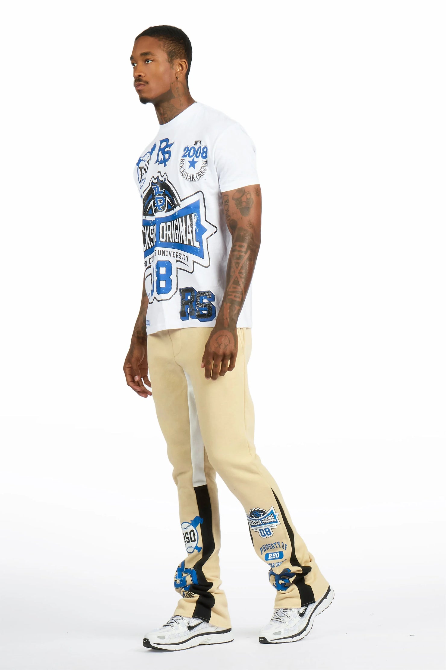 Mavrix White/Beige T-shirt/Stacked Flare Track Pant Set