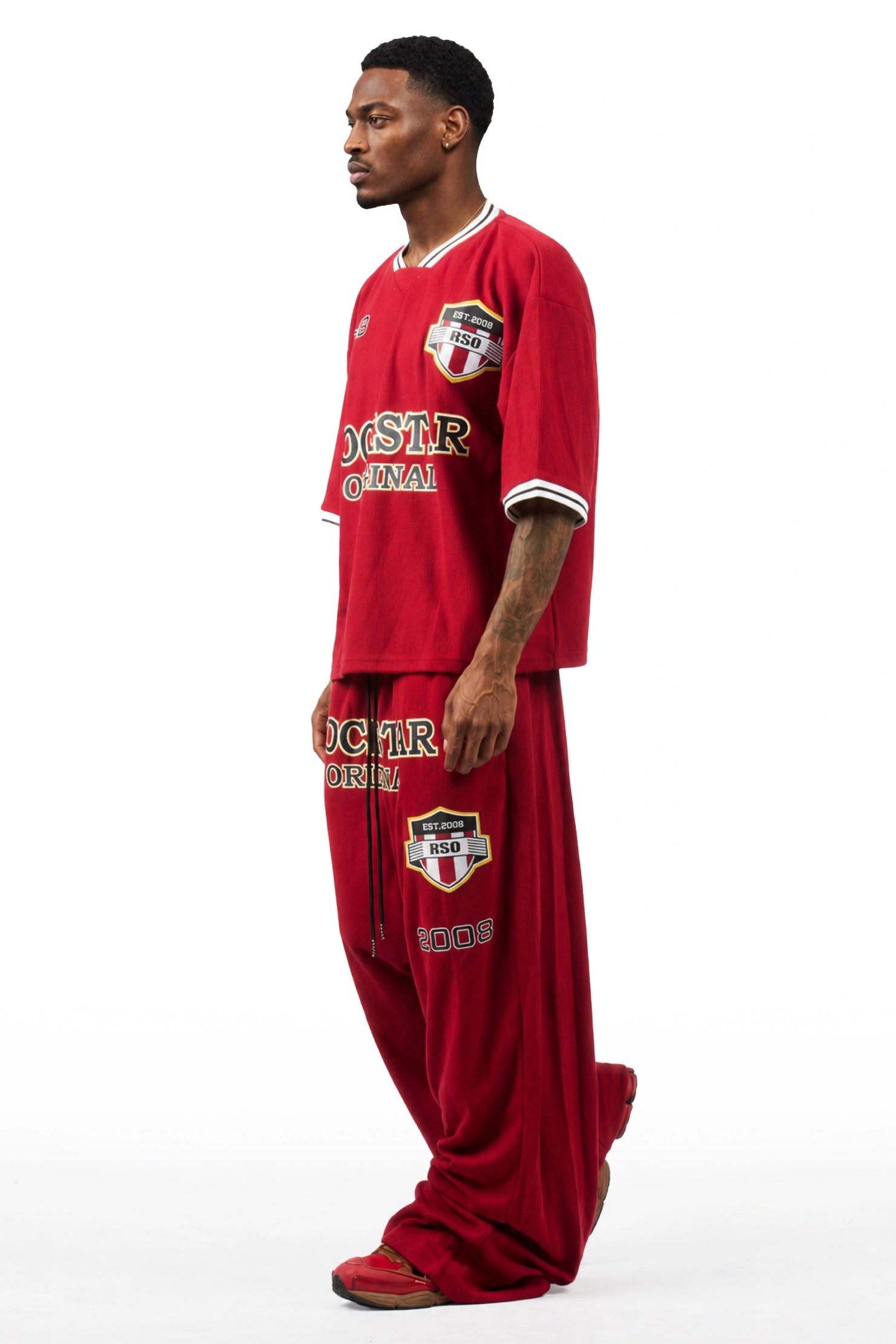 Ezel Red Crop Boxy Tee/Barrel Fit Track Set