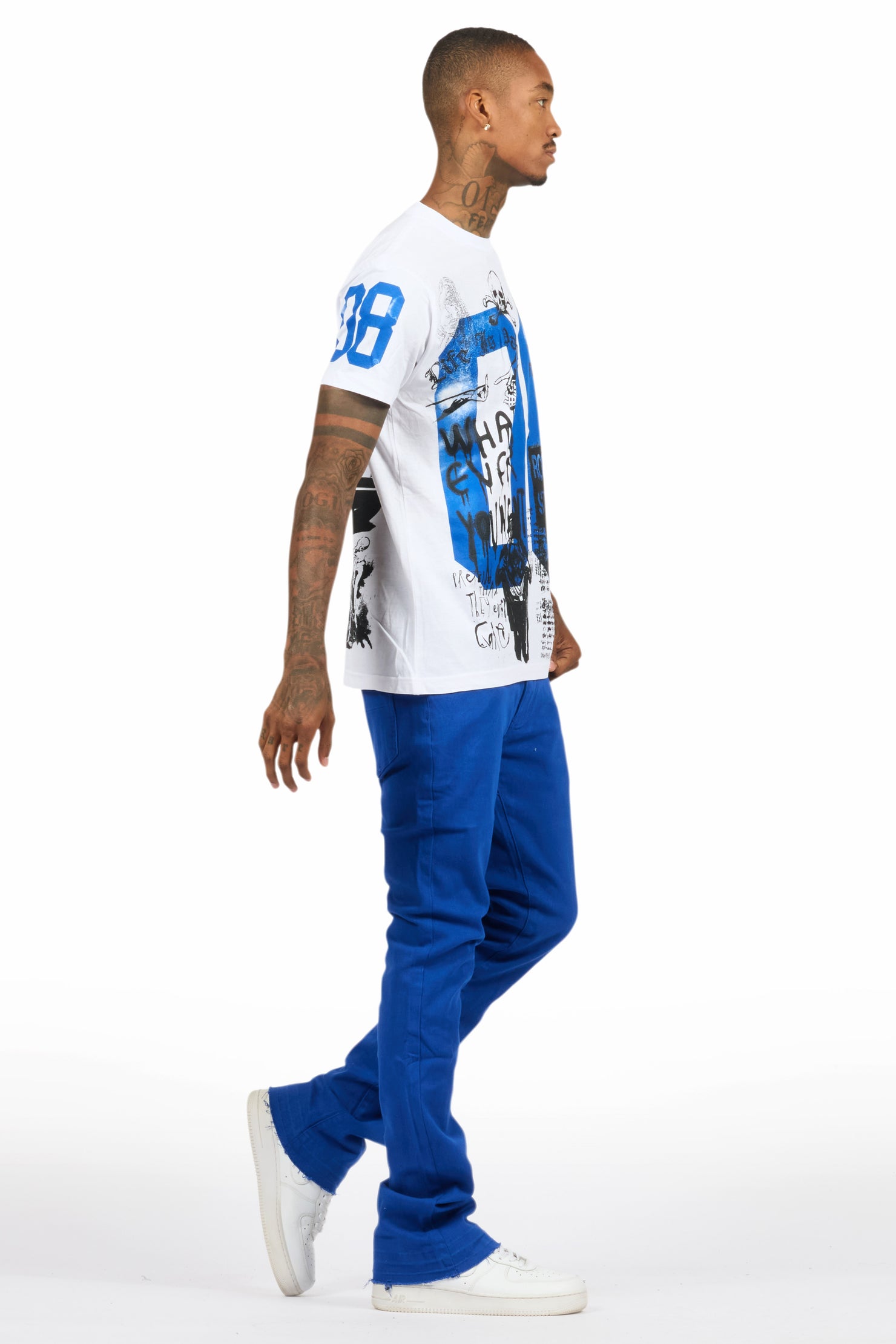 Grill White/Royal Blue Oversized Graphic T-Shirt/Dag Stacked Flare Jean Set