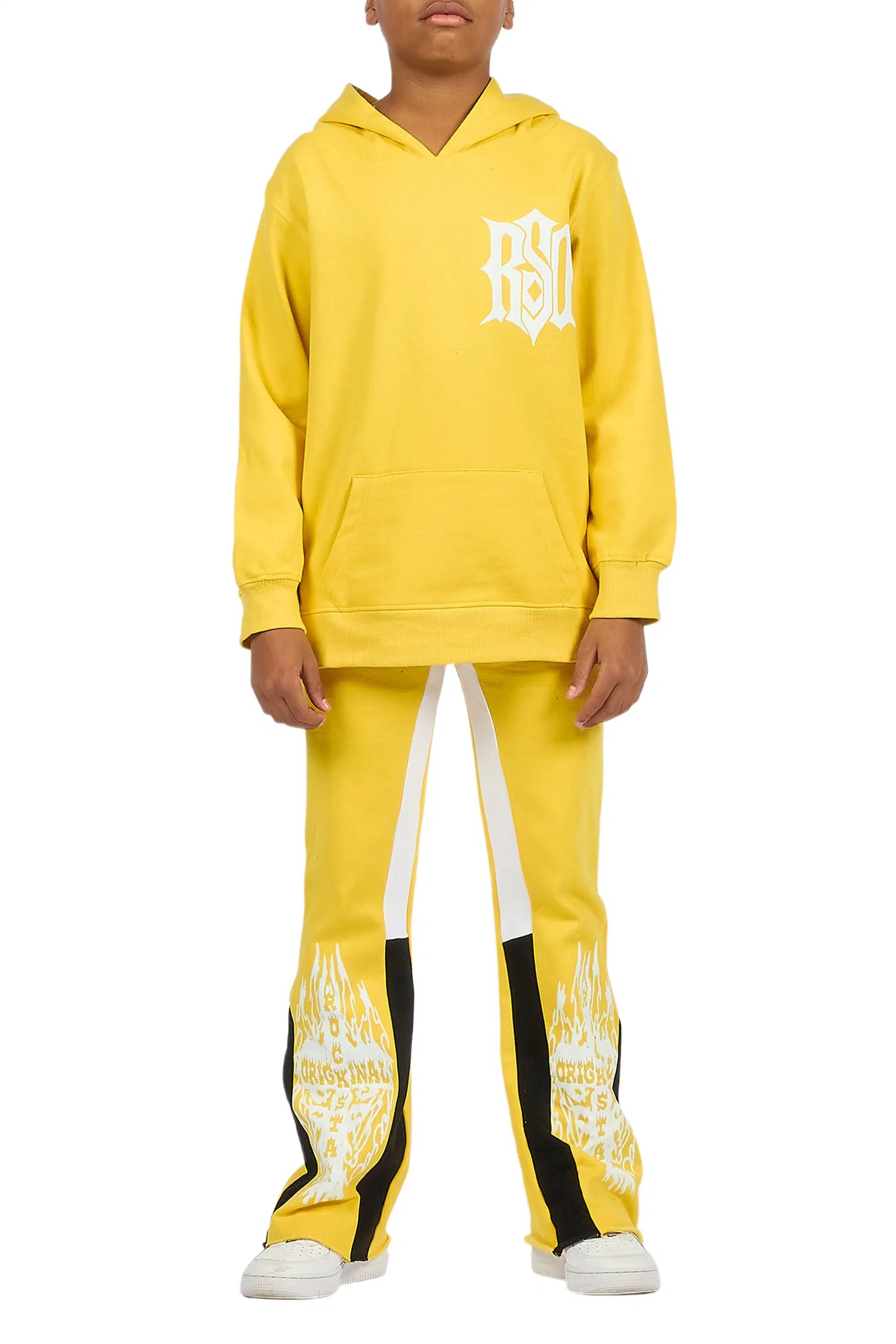 Boys Lyrex Yellow/White Hoodie/Stacked Flare Track Set
