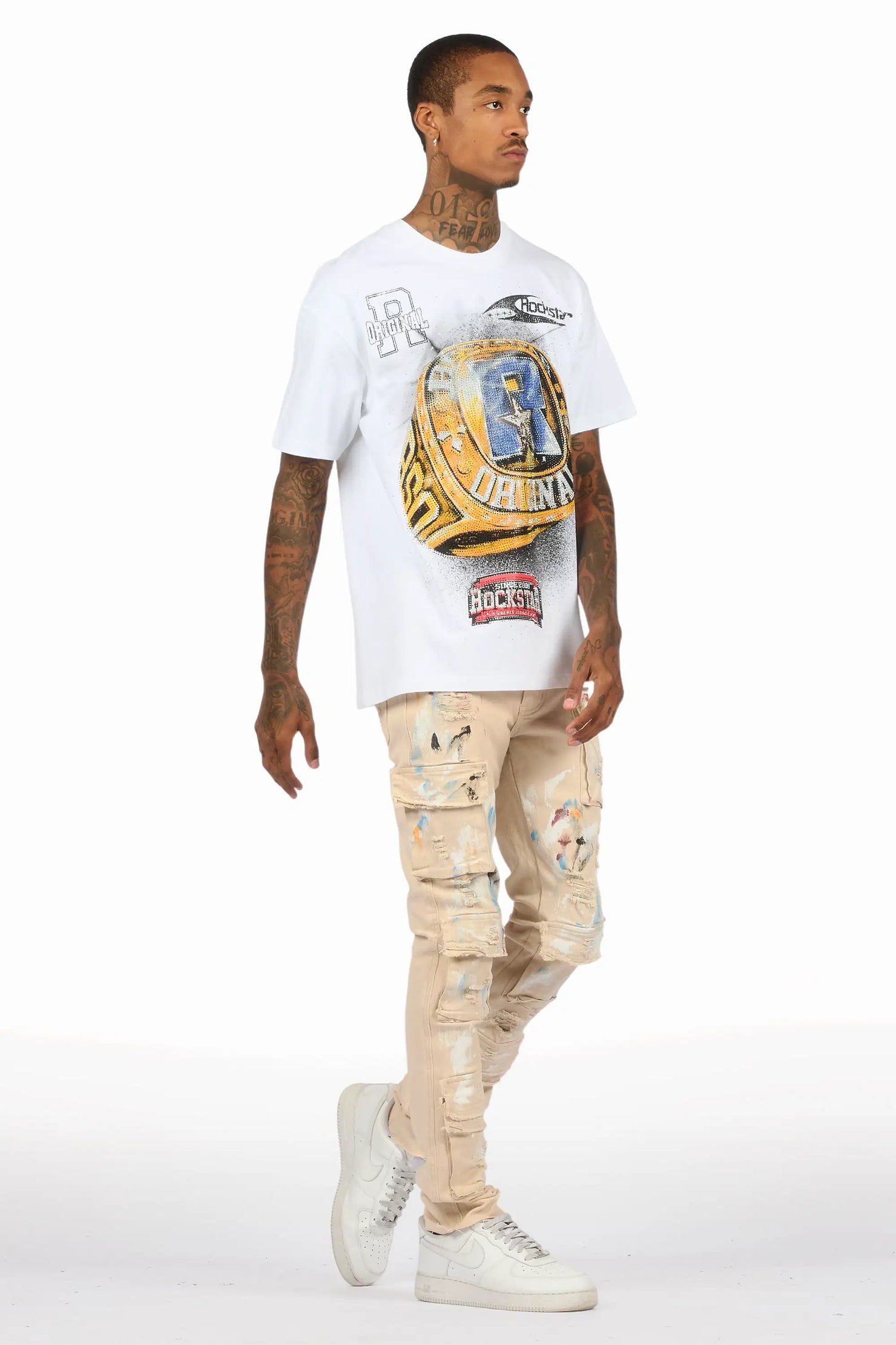 Orien Beige Painter Skinny Fit Jean