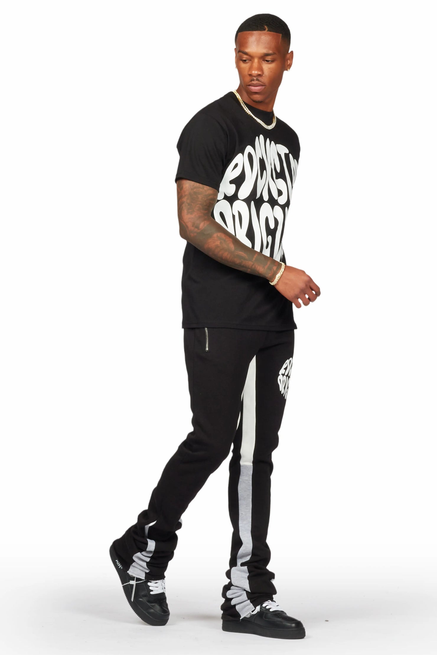 Thierry Black T-Shirt/Super Stacked Flare Track Pant Set