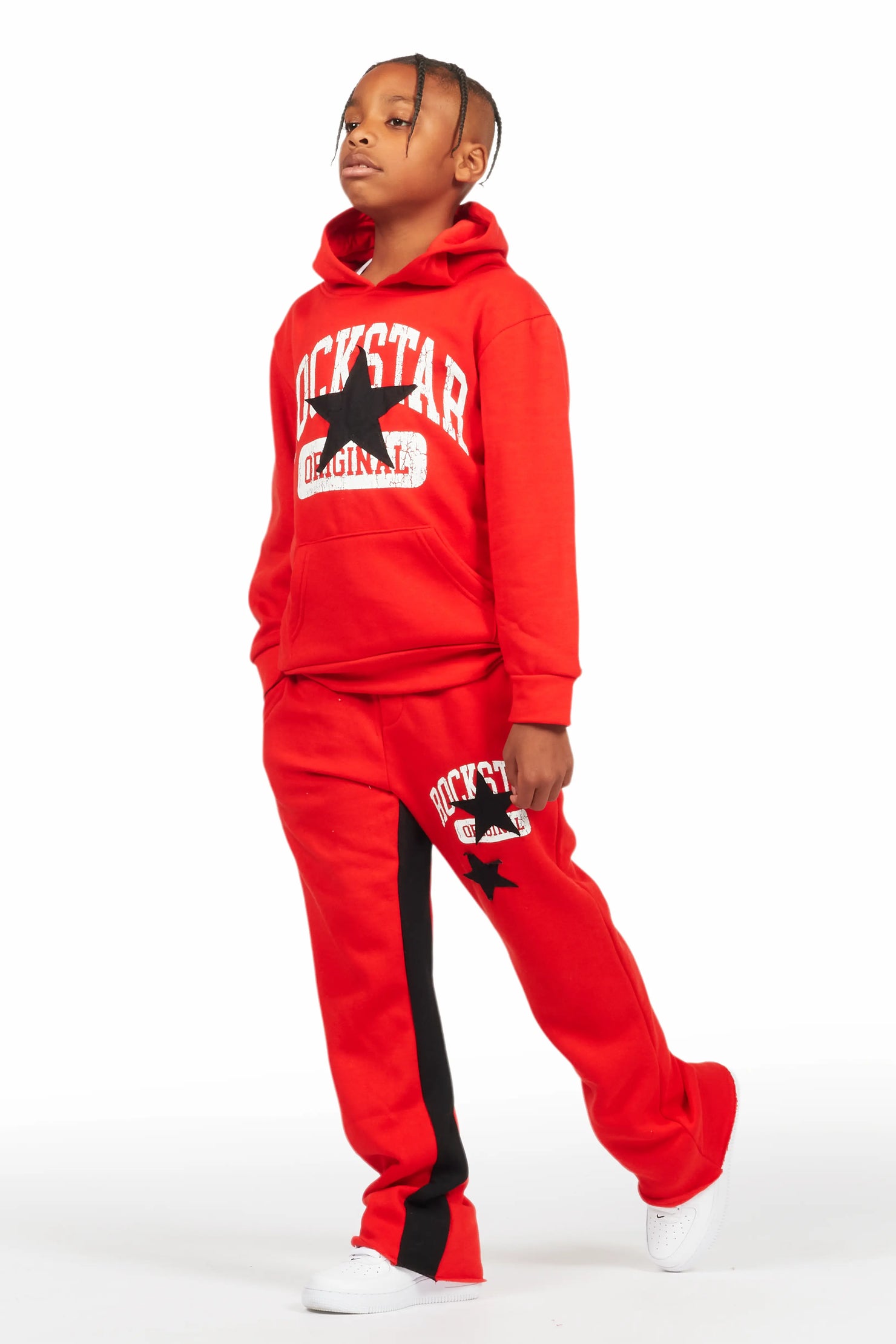 Boys Mallor Red/Black Baggy Stacked Hoodie Track Set