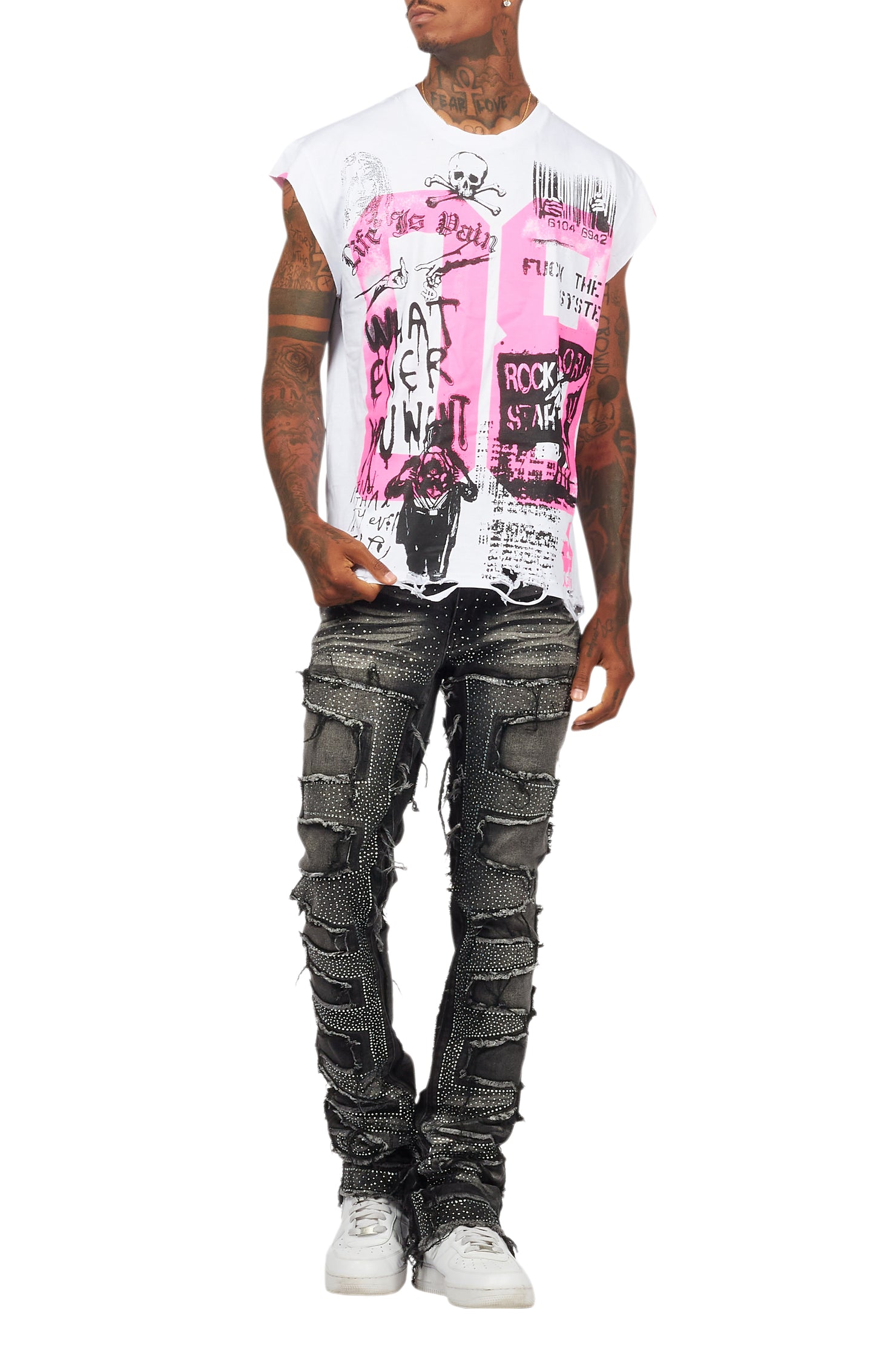 Grill White/Pink Graphic Muscle T-Shirt