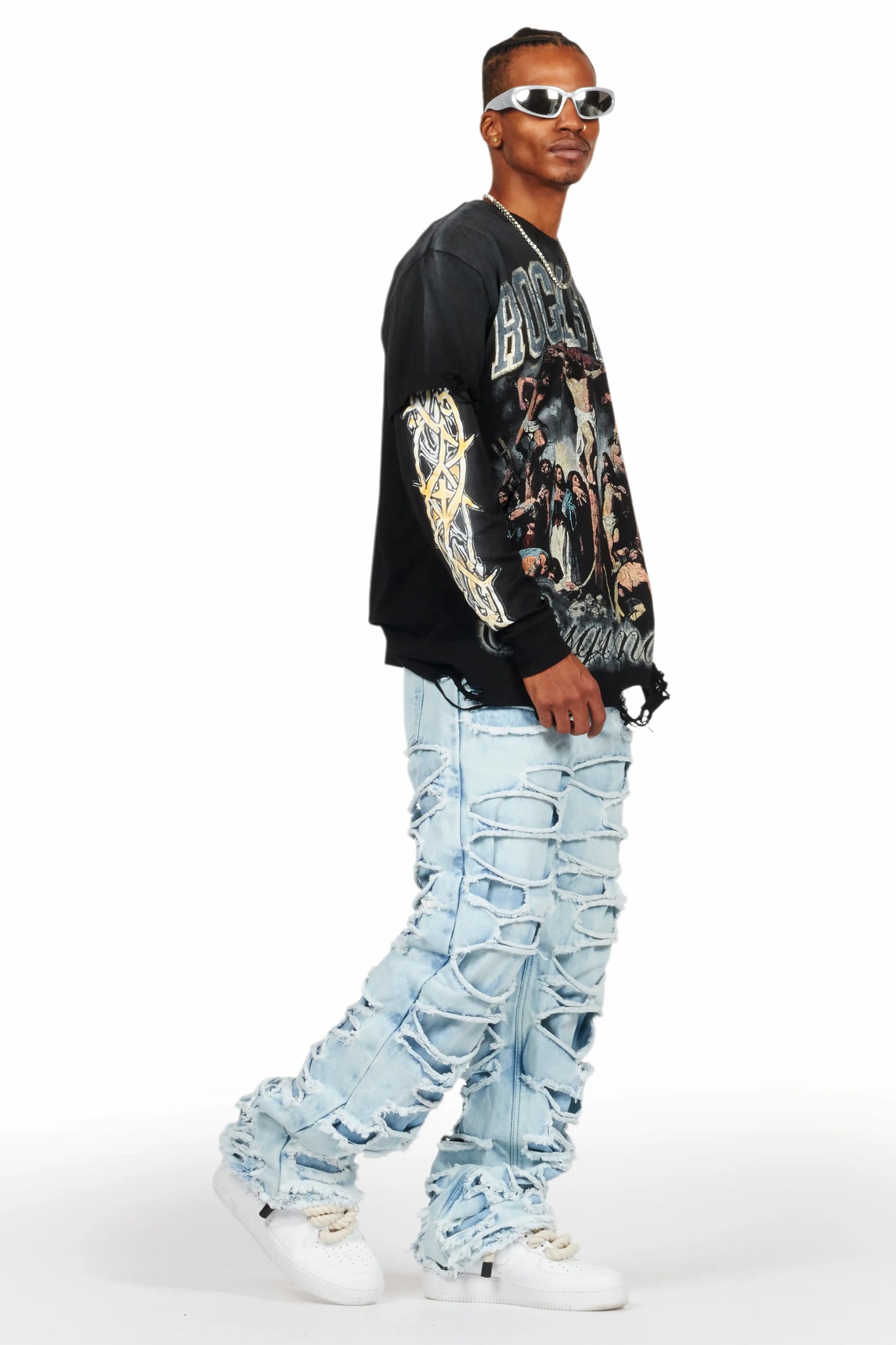 Waller Black Double Layer Long Sleeve Graphic T-Shirt