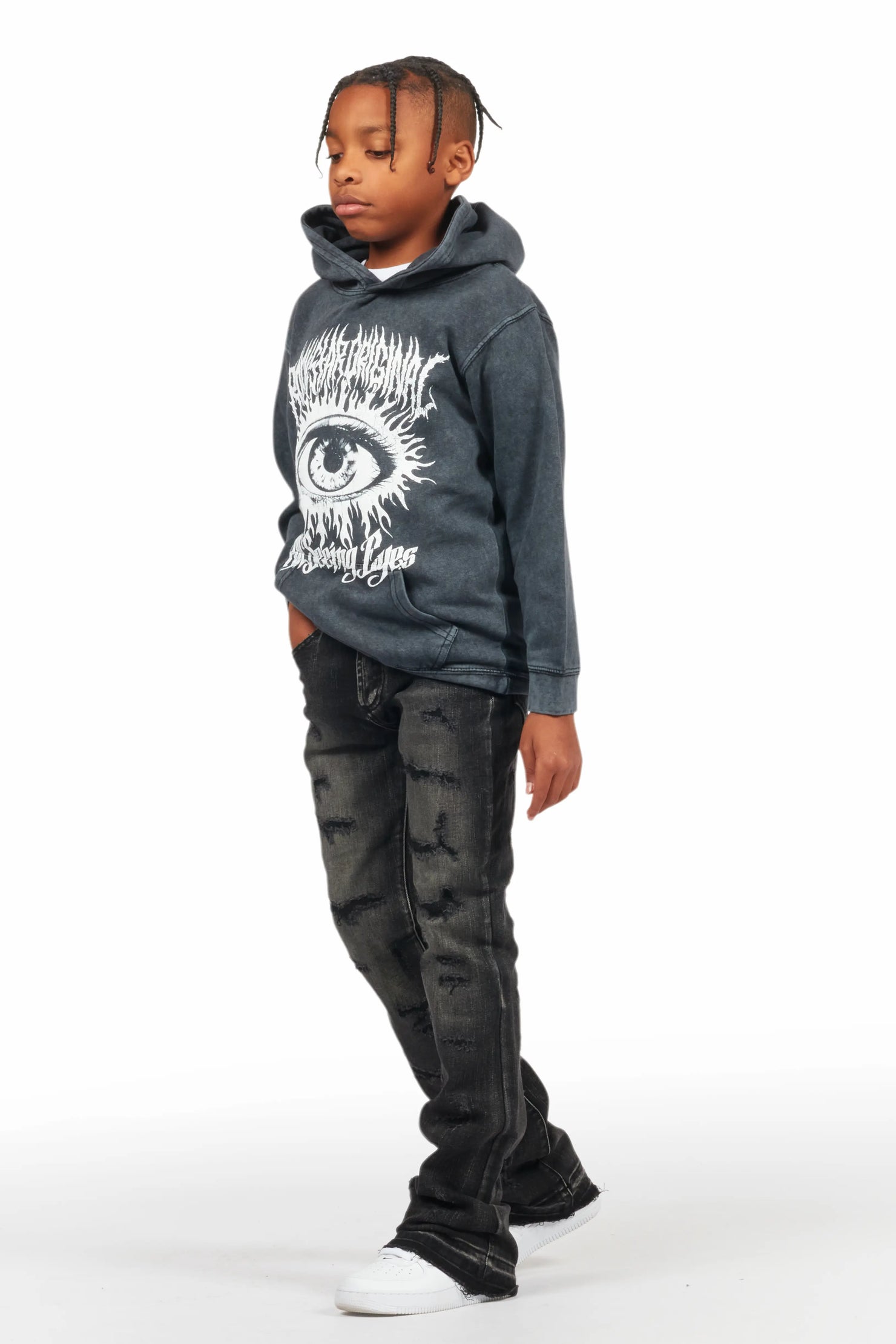 Boys All Eyes Vintage Black Hoodie/Stacked Flare Jean Set
